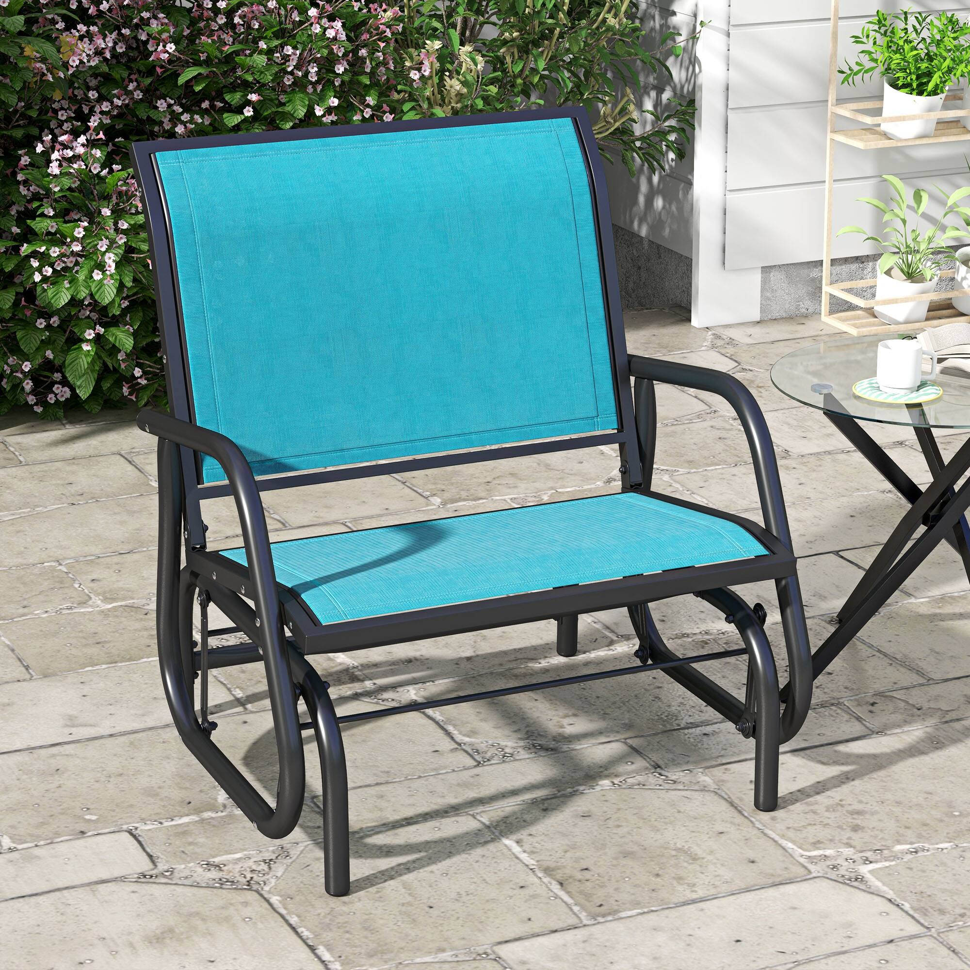 Angle. Outsunny - Porch Glider, Metal Frame Swing Glider Chair with Breathable Mesh Fabric, Curved Armrests and Steel Frame for Garden - Blue.