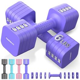 FEIERDUN - 5-in-1 Adjustable Dumbbell Set of 2, 1 pair 6LBS Hand Weights for Women, 1s-Adjust Dual-Stable Dumbbell Set - Vivid Purple