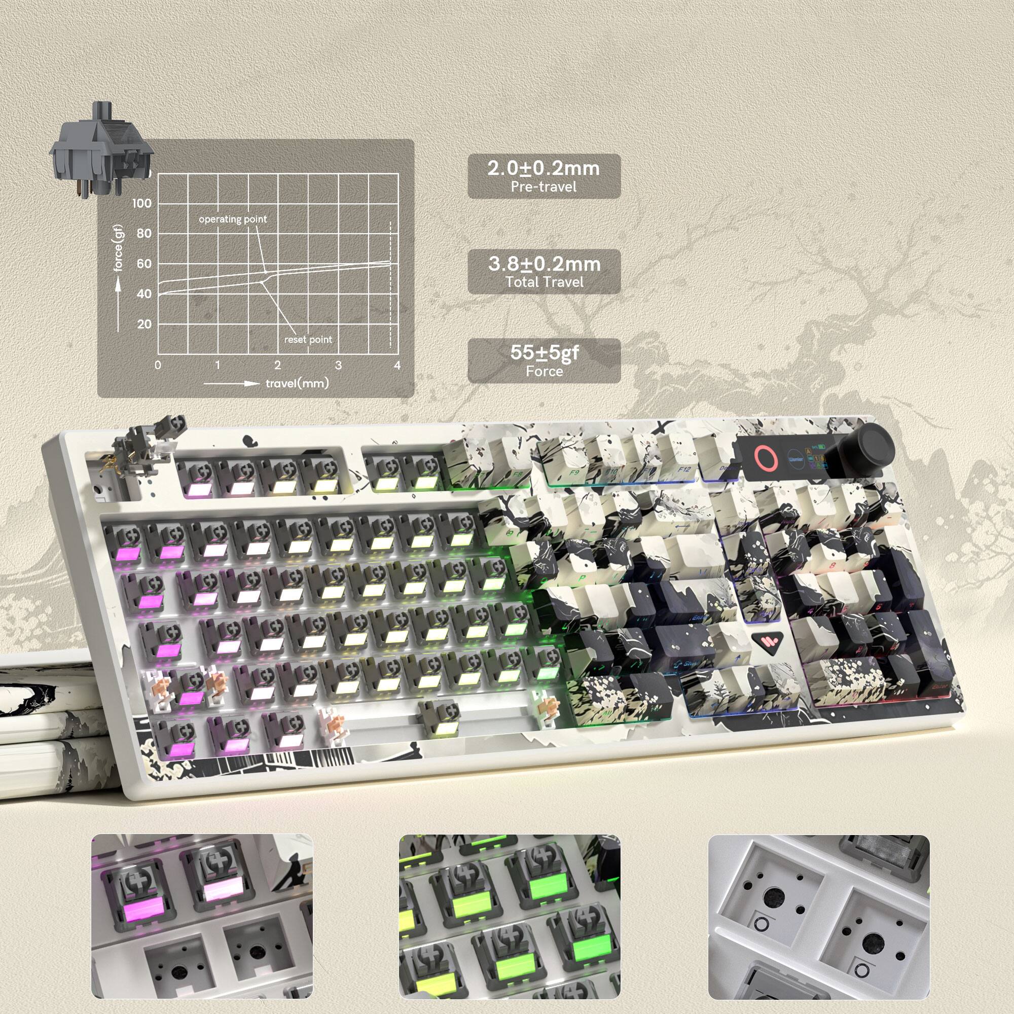 100 8 force(gt 60 40 operating point - 2.00±0.2mm Pre-travel 3.8±0.2mm Total Travel 20 O 1 reset point 2 3 travel(mm) 4 55±5gf Force