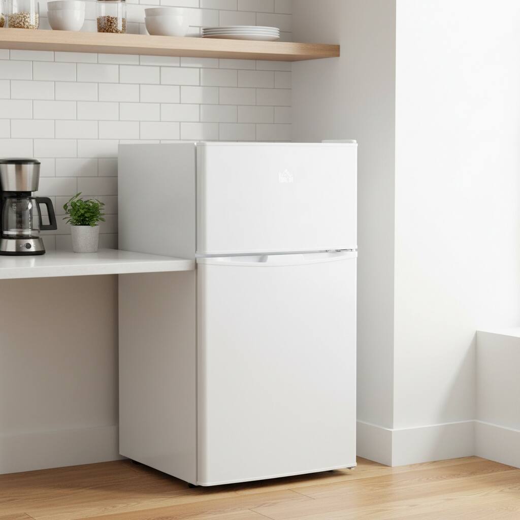 Angle. Forest'nSky - 3.2 Cu.Ft Double Door Mini Fridge with Freezer, Adjustable Thermostat & Shelf for Dorm, Office, Bedroom,White - White.