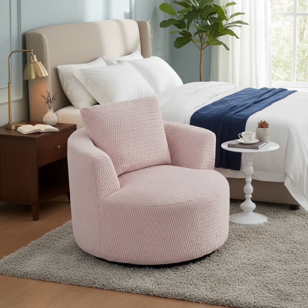 Left. Forest'nSky - Compressible 360° Swivel Accent Chair, Modern Linen Barrel Chair for Living Room, Home Office & Apartment,Pink - Pink.
