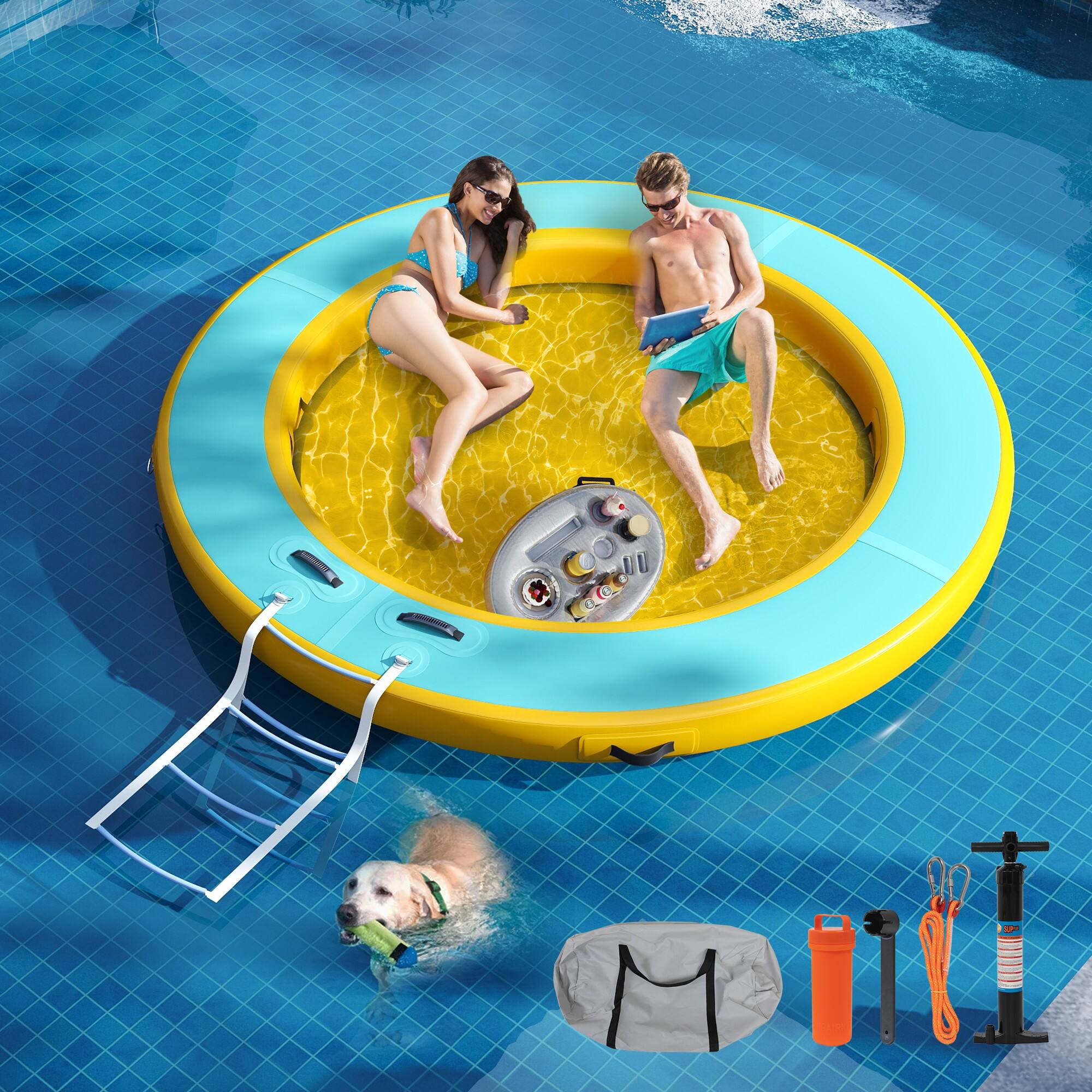 Alt View 2. Boyel Living - Mint Green/Yellow PVC 12FT Round Inflatable Water Hammock 772LBS Capacity - Yellow.