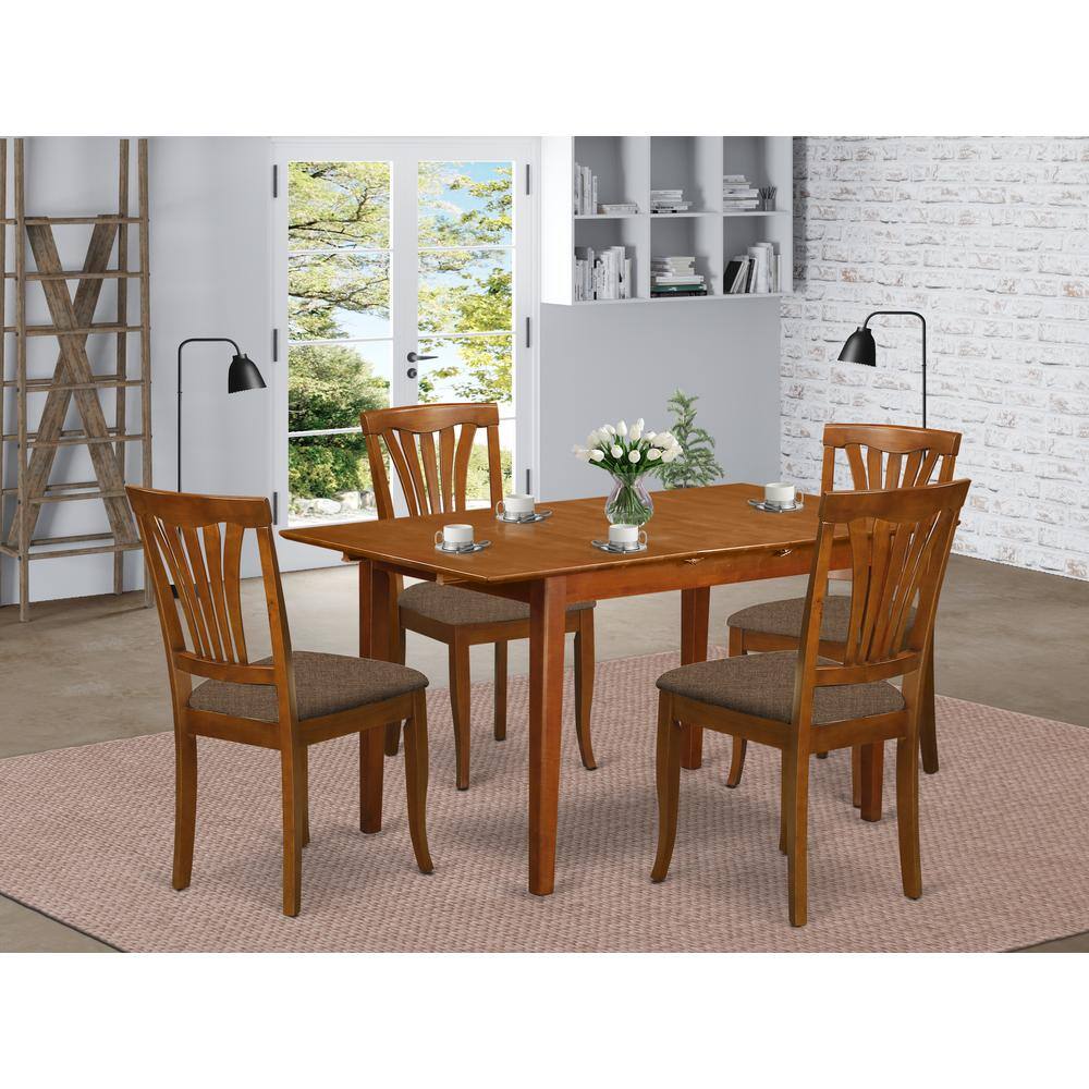 Back. East West Furniture - PSAV5-SBR-C 5 Pc small dinette set - Table with Leaf and 4 Kitchen Dining Chairs - Saddle Brown.