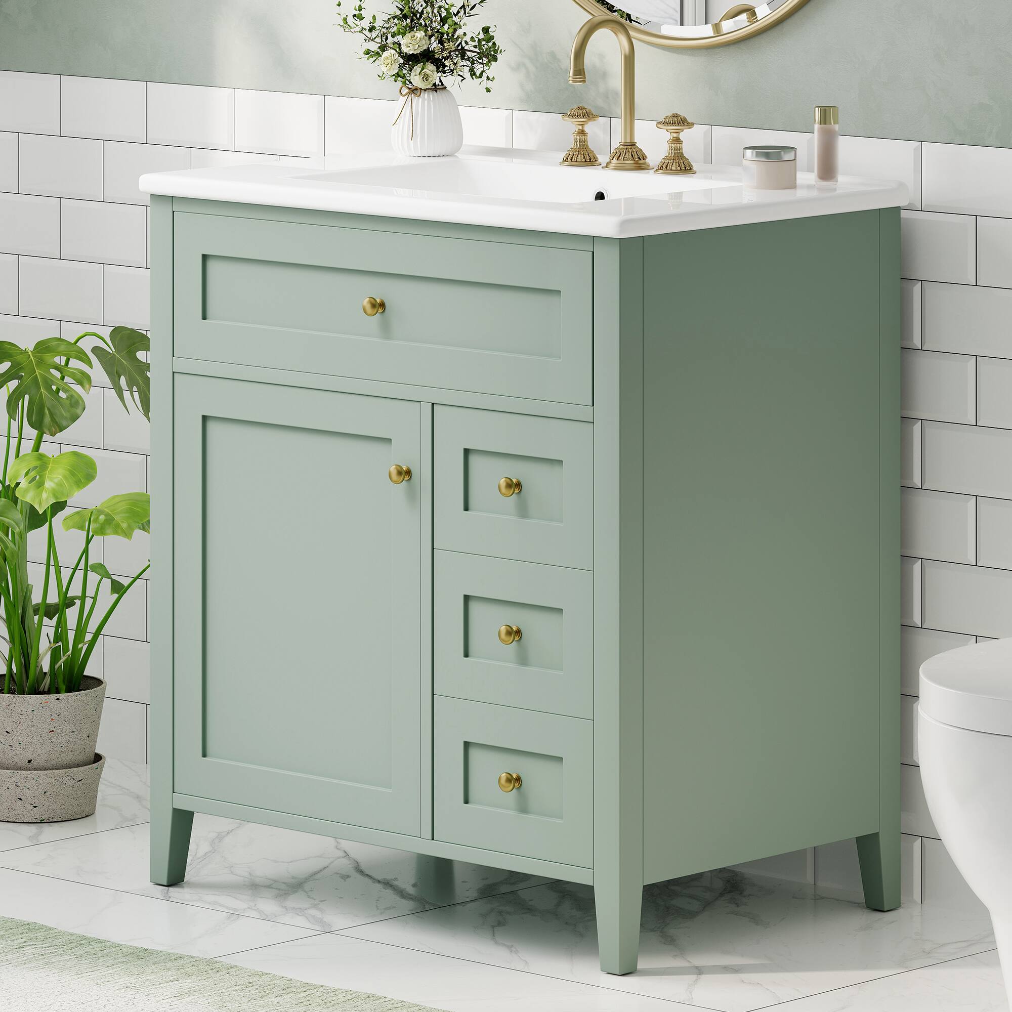 Angle. Whisen - 30 Inch Bathroom Vanity with Ceramic Sink Combo Modern 3 Drawer 1 Left Door Storage Cabinet Freestanding - Light Green.