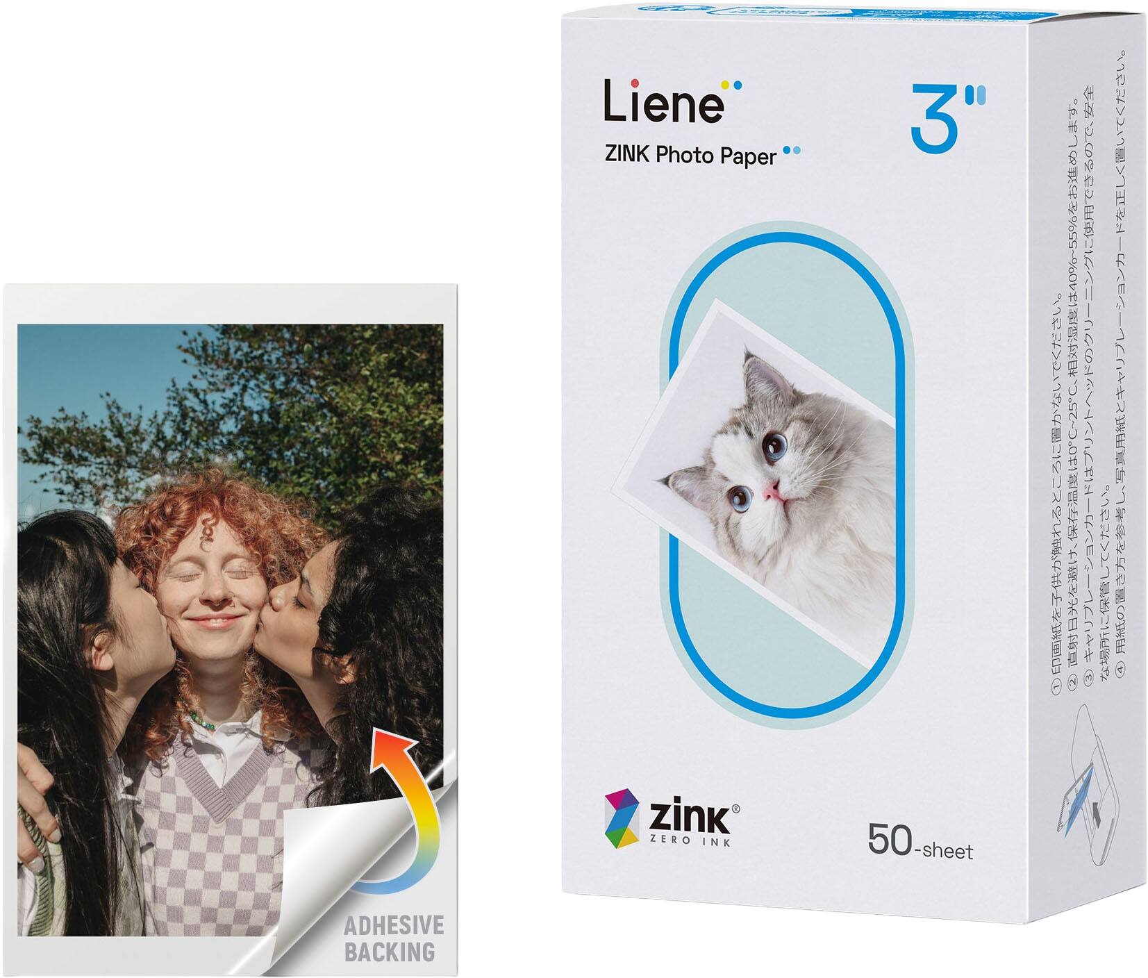 ADHESIVE BACKING  
Liene ZINK Photo Paper  
zink ZERO INK  
3"  
50-sheet  
0C~2C  
40%~55%