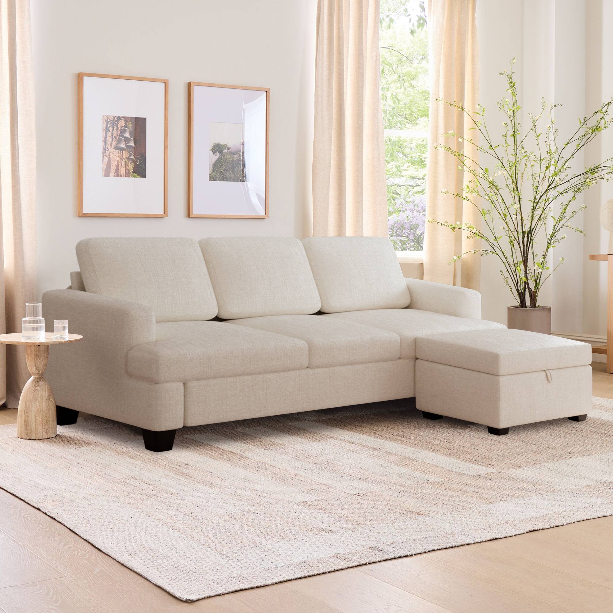 Alt View 5. KERDOM - 3 Seat Sofa for Living Room, L-Shaped Chenille Couch with Deep Seat, Storage Ottoman, Sectional Couch with Chaise Longue - Beige + 1 Ottoman.