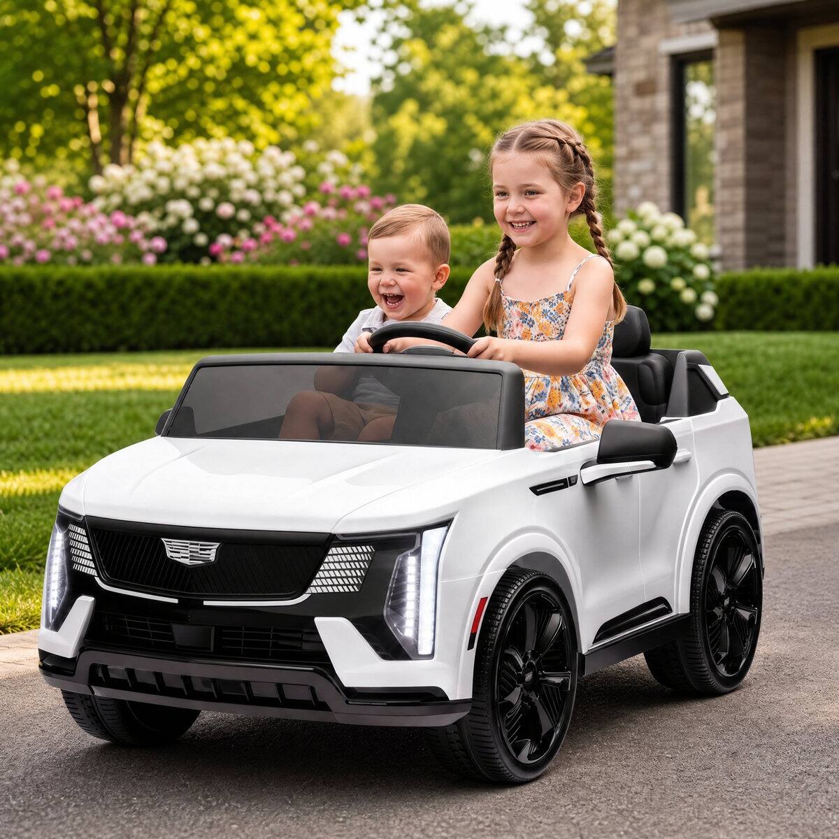 Angle. Wisairt - 24V Ride on Car Licensed Cadillac Escalade IQ 2 Seater with Remote Control Electric Truck for Kids - White.