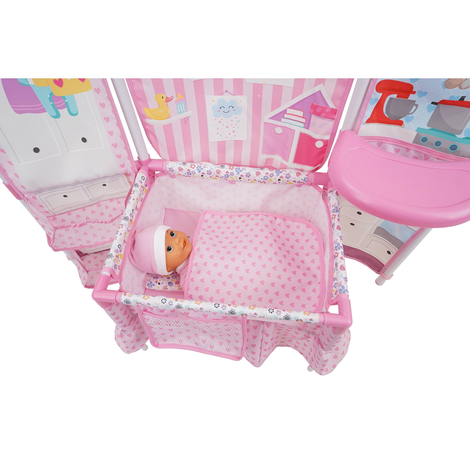 Left. 509 Crew - 509 Crew - Doll Furniture Set W/ 14" Baby Doll, Built in Highchair & Play Yard, Accessories.