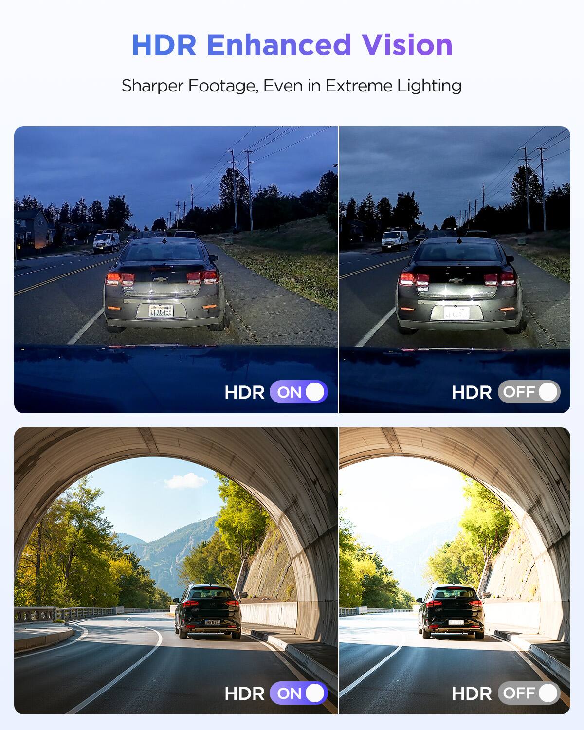 HDR Enhanced Vision  
Sharper Footage, Even in Extreme Lighting  

HDR ON  
HDR OFF  

HDR ON  
HDR OFF