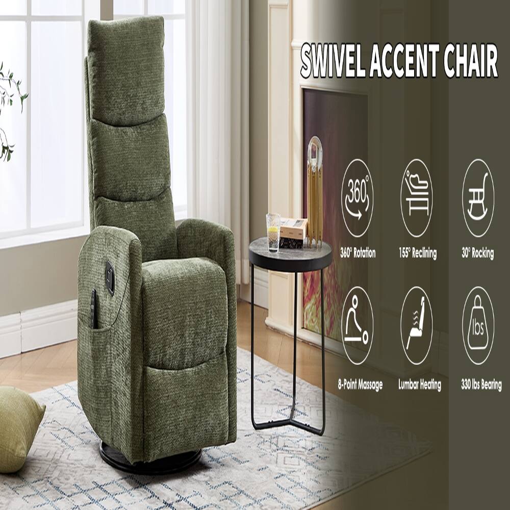SWIVEL ACCENT CHAIR

- 360° Rotation
- 155° Reclining
- 30° Rocking
- 8-Point Massage
- Lumbar Heating
- 330 lbs Bearing