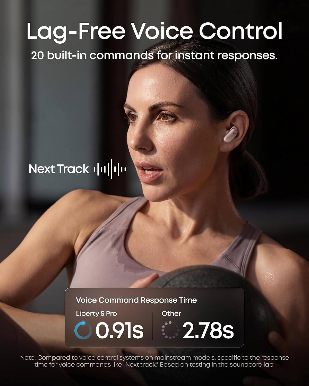 Lag-Free Voice Control  
20 built-in commands for instant responses.  

Next Track  

Voice Command Response Time  
Liberty 5 Pro: 0.91s  
Other: 2.78s  

Note: Compared to voice control systems on mainstream models, specific to the response time for voice commands like "Next track." Based on testing in the soundcore lab.