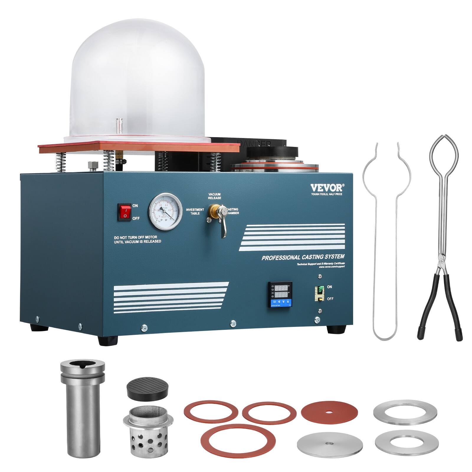 ANGER  
VACUUM RELEASE  
VEVOR TOUGH TOOLS SU  
0  
ON OFF  
a A  
a & a  
INVESTMENT TABLE  
ASTING HAMBER  
DO NOT TURN OFF MOTOR UNTIL VACUUM RELEASED  
PROFESSIONAL CASTING SYSTEM  
Technical Apper: and Julturanty Certifued  
ON  
a  
OFF