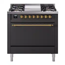 ILVE - Nostalgie II Series 36 in. Dual Fuel Range with 6 Sealed Burners + Griddle (Liquid Propane, Brass Trim) - Graphite Matte