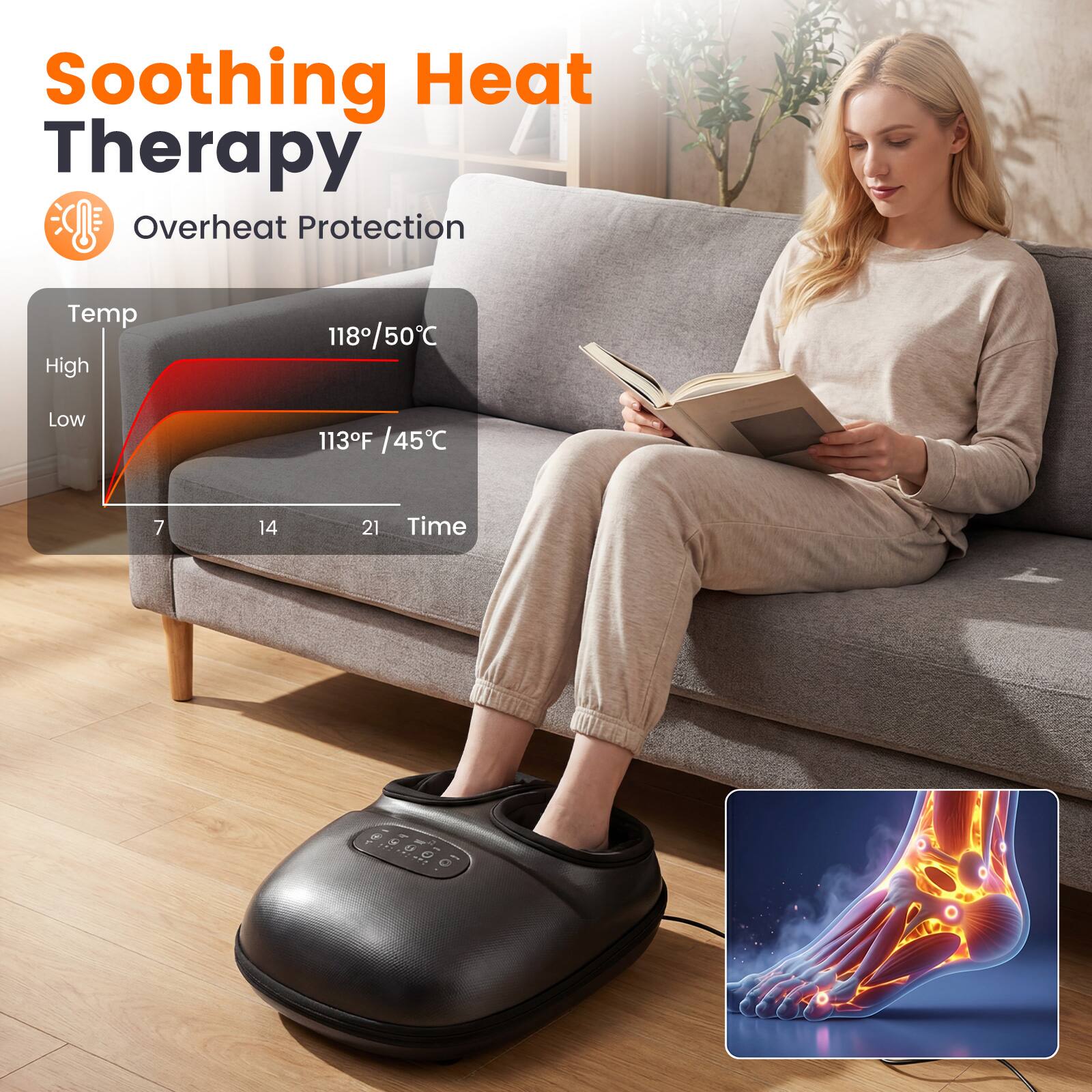 Soothing Heat Therapy  
Overheat Protection  

Temp  
High  
118/50°C  
Low  
113°F / 45°C  

Time  
7 14 21  

e 9 UP 8 FB ... O O to