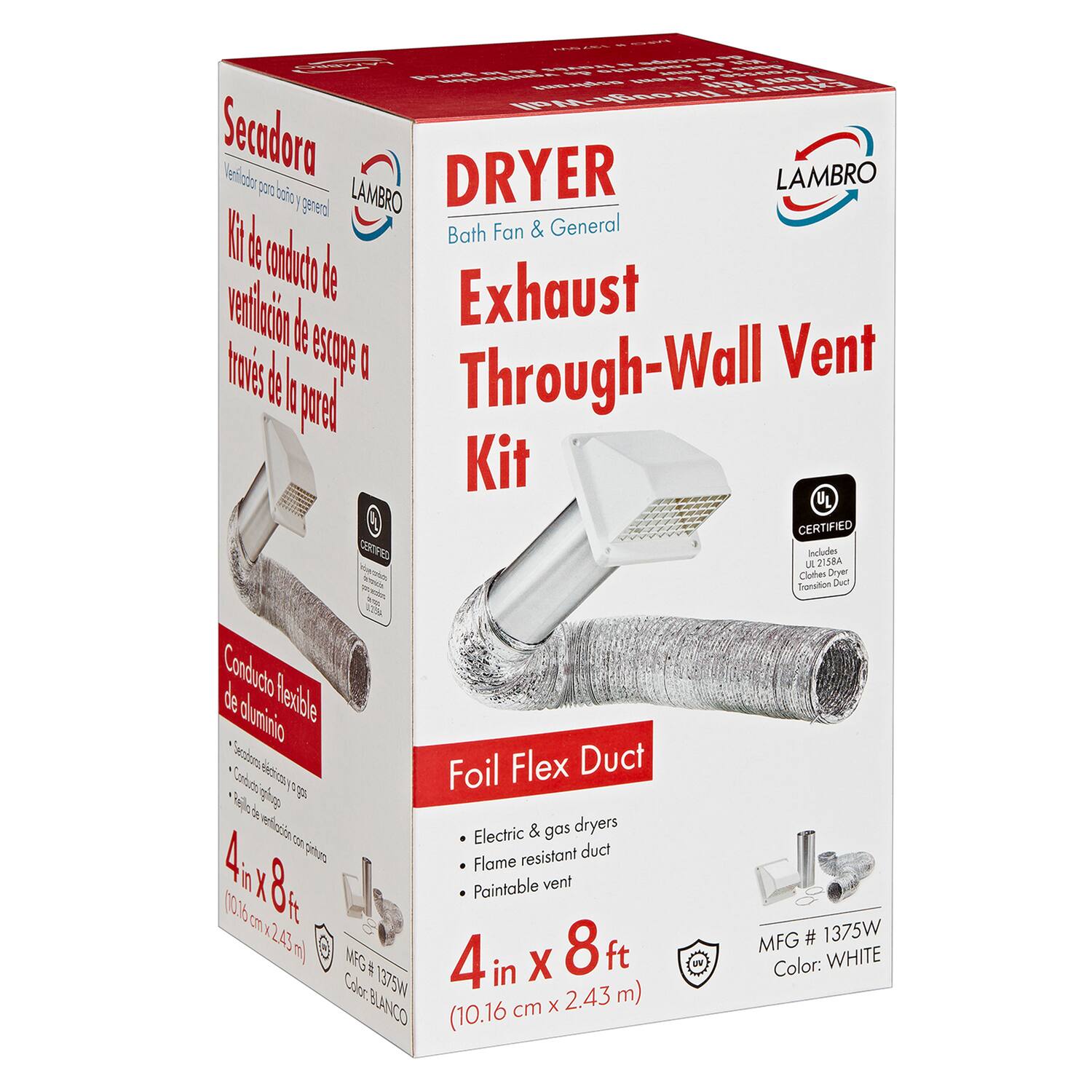 GM LAMBRO trave 4 ednose 1 supp pound do ab - HOUSSE valitalion vent e Vent espirant Kit Exhaust Through-Wall Secadora Vertiador parol oried DRYER LAMBRO general LAMBRO 100 Bath Fan & General conduto Exhaust formis ventacin de esupe Vent quest Through-Wall Kit UL CERTIFIED FIED Includes ur 2158A Clothes Dryer Transition Duct Conducto de Reable duminio Foil Flex Duct aga Electric & gas dryers resistant duct Flame Paintable vent 10016 cm 1375W 243 MFG # MFG# 4i in X 8ft UV Color: WHITE Color BL 1375W X 2.43 m) BLANCO (10.16 cm