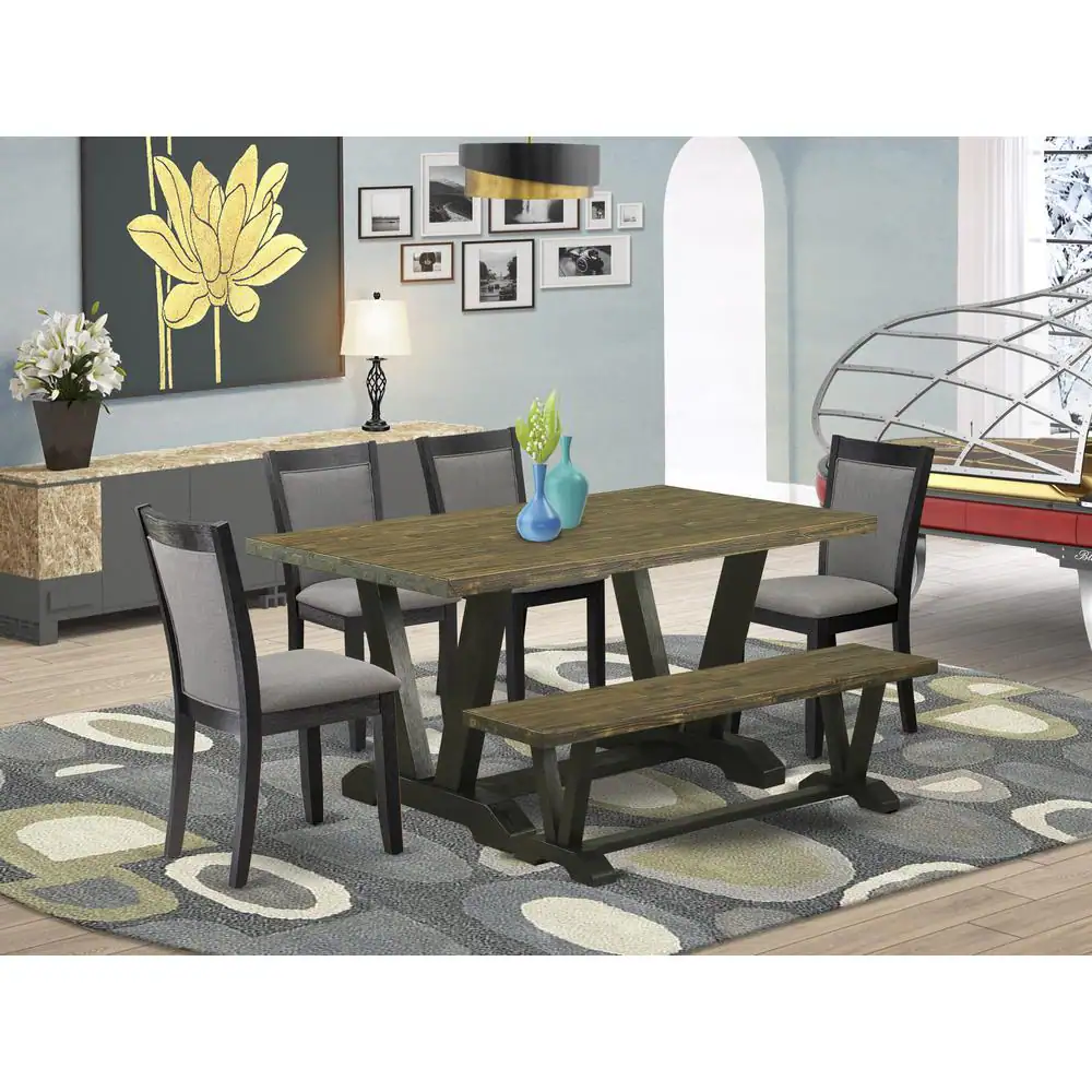 Alt View 3. East West Furniture - V676MZ650-6 6 Pc Dining Set - Distressed Jacobean Table with Bench and 4 Dark Gotham Grey Chairs - Wire Brushed Black - Multi-Color.