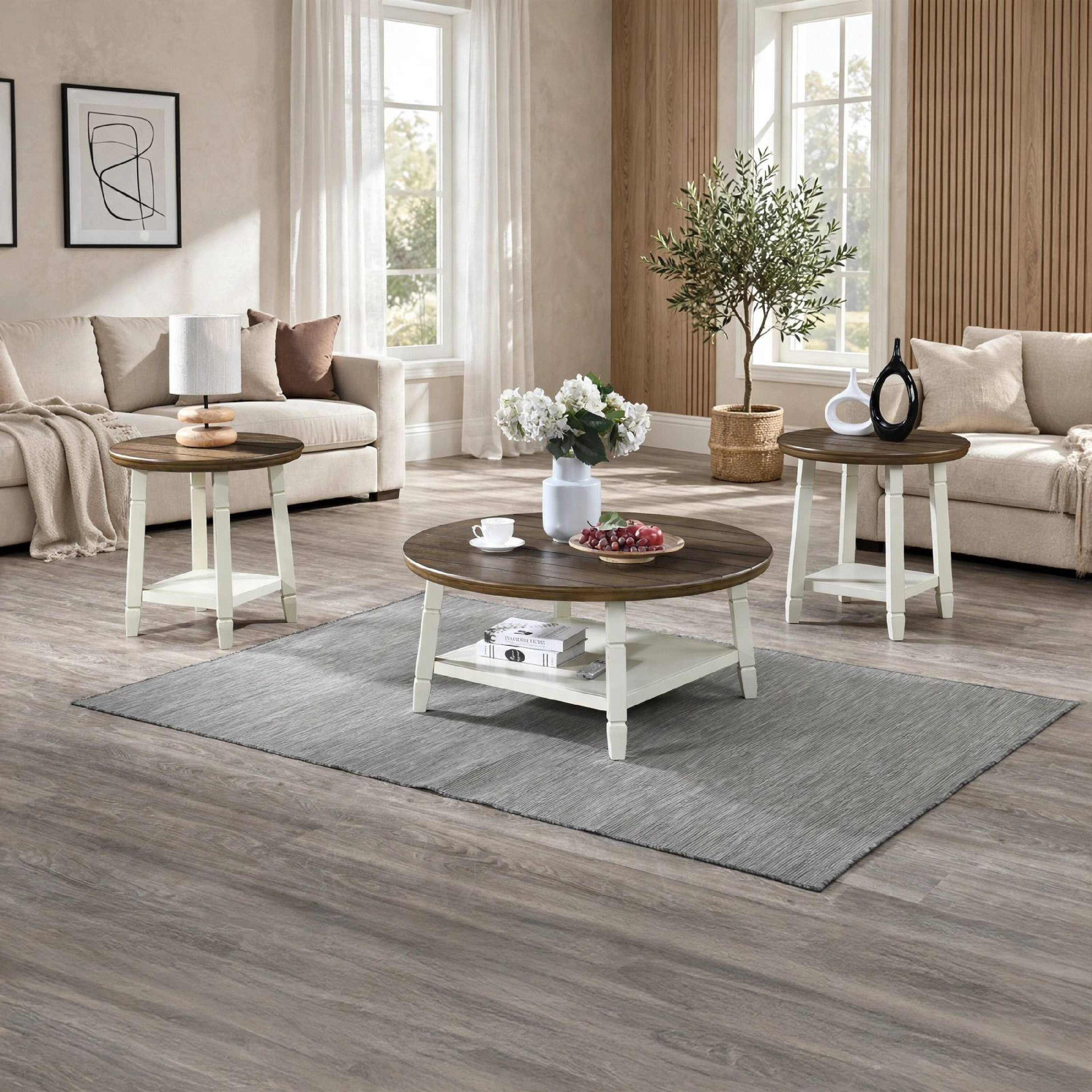 Alt View 4. Manhattan Lane - Ethy 3pc Round Coffee Table & End Table Set, Lower Shelf - Brown, White.