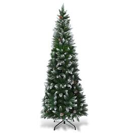 Costway - 7.5ft Snow Flocked Pencil Christmas Tree Hinged Pine Cones - Green/White