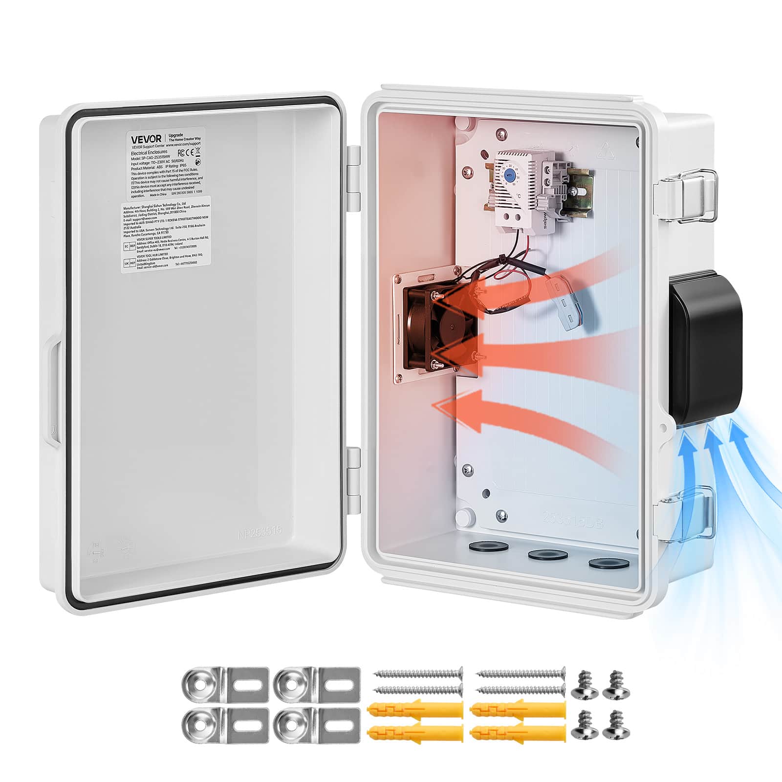 VEVOR - Outdoor Electrical Box, ABS, Waterproof Electrical Junction Box with Thermostat and Fan, Mounting Plate, Cable Grommets - White;Black