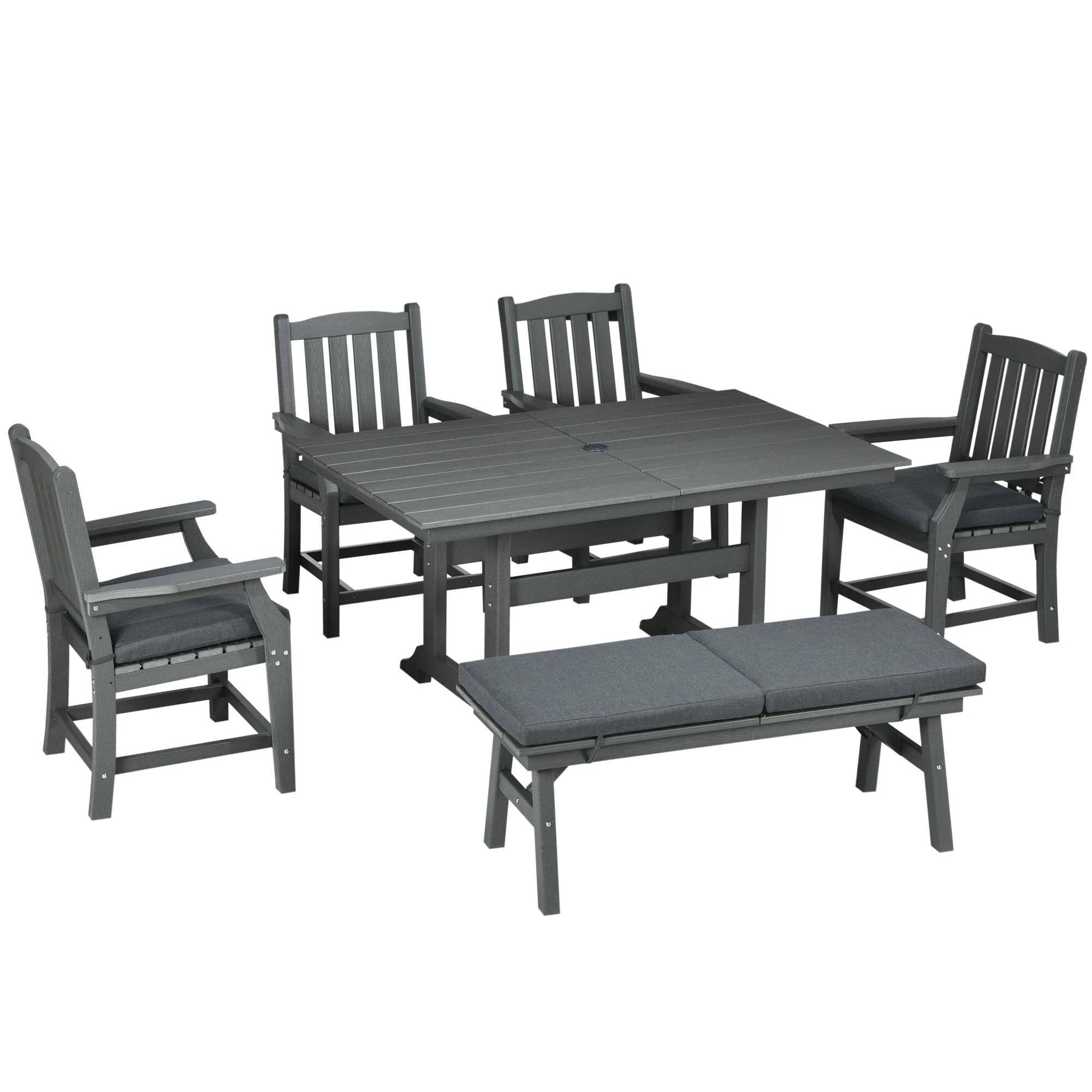 Front. Resenkos - Resenkos 6 Piecess Patio Dining Set, Four Chairs And A Dining Bench, Cushions, Gray - Gray.