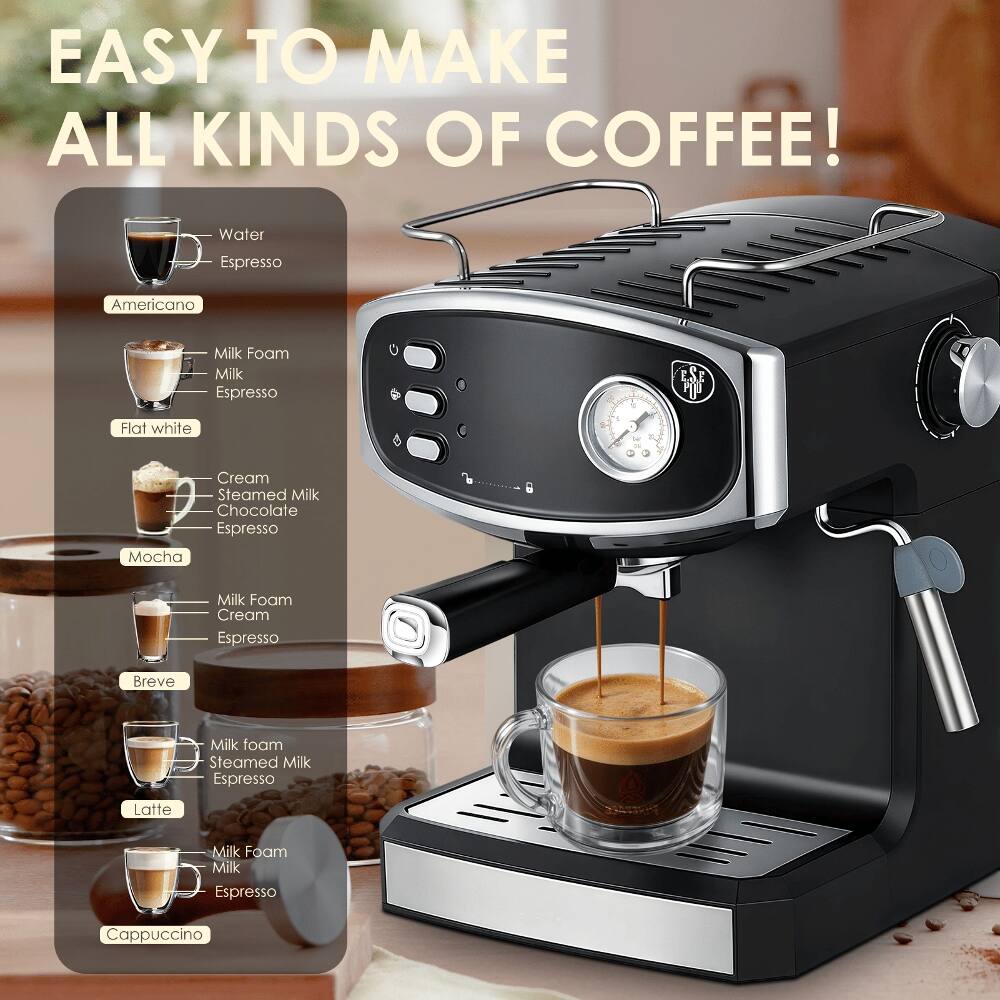 EASY TO MAKE ALL KINDS OF COFFEE!  
- Americano: Water, Espresso  
- Flat white: Milk Foam, Milk, Espresso  
- Mocha: Chocolate, Espresso  
- Breve: Milk Foam, Cream, Espresso  
- Latte: Milk Foam, Steamed Milk, Espresso  
- Cappuccino: Milk Foam, Milk, Espresso