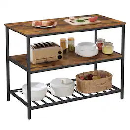 Songmics Home - Kitchen Island with 3 Shelves, 47.2 Inches Width Kitchen Shelf with Large Worktop, Stable Steel Structure, Industrial - Rustic Brown and Black