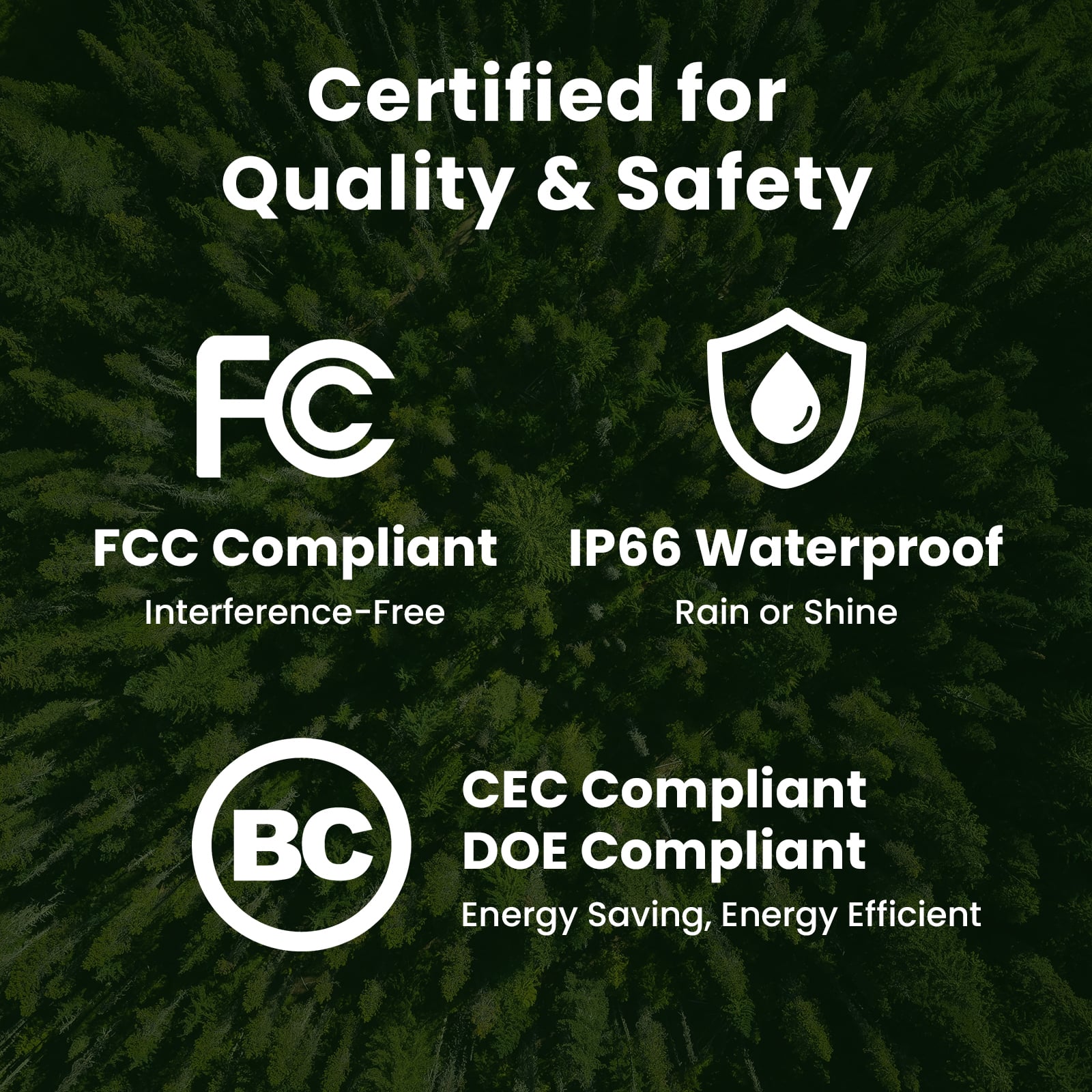 Certified for Quality & Safety
- FCC Compliant
- Interference-Free
- IP66 Waterproof
- Rain or Shine
- CEC Compliant
- DOE Compliant
- Energy Saving, Energy Efficient