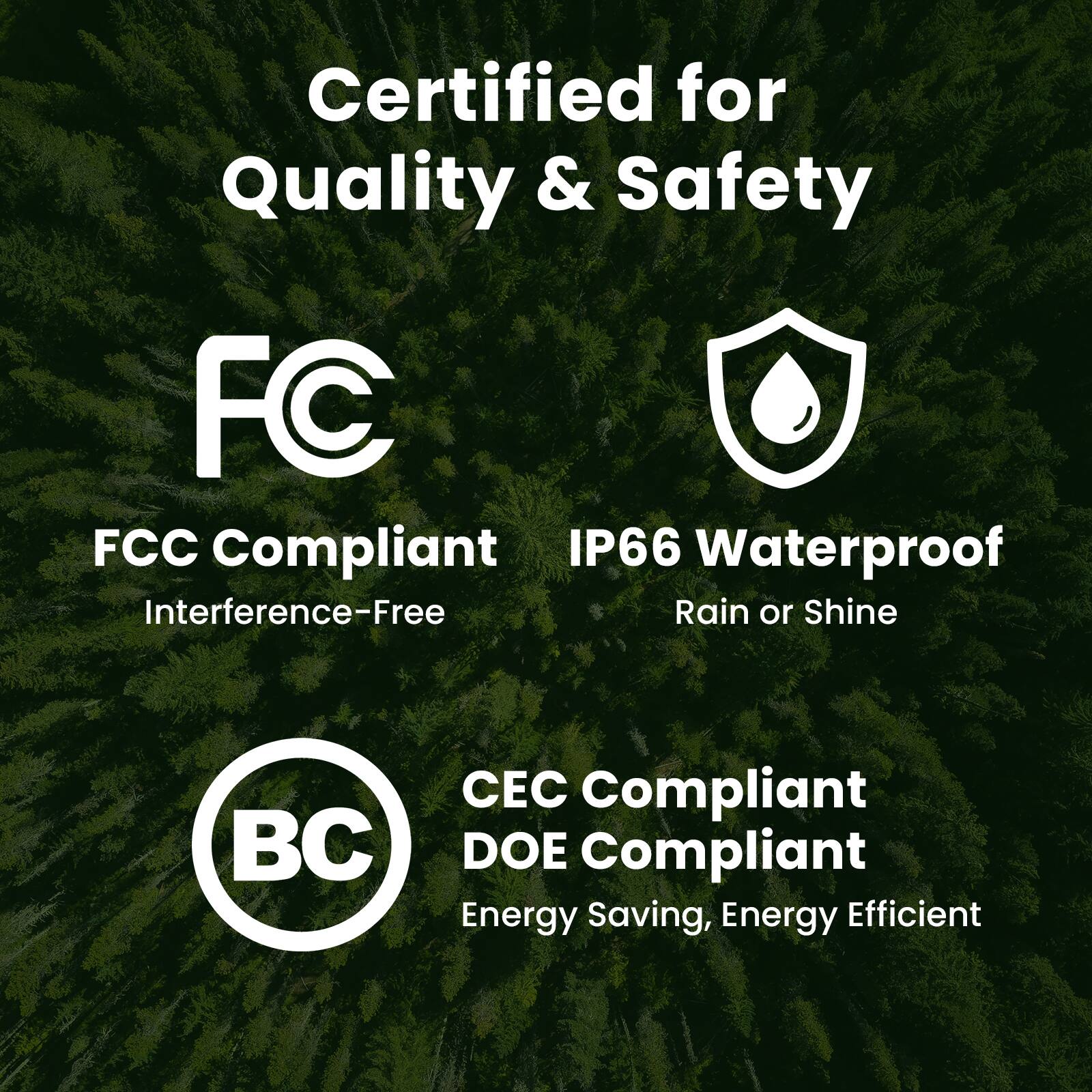 Certified for Quality & Safety

- FCC Compliant
  - Interference-Free

- IP66 Waterproof
  - Rain or Shine

- CEC Compliant
  - DOE Compliant
  - Energy Saving, Energy Efficient