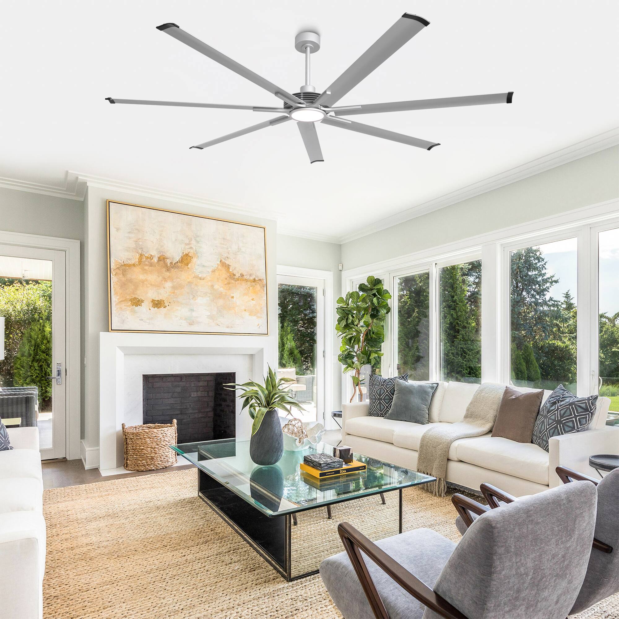 Angle. Parrot Uncle - 84" Indsutrial Aluminum Extra Large Ceiling Fan with Light, Aluminum Blades and Remote - Silver.