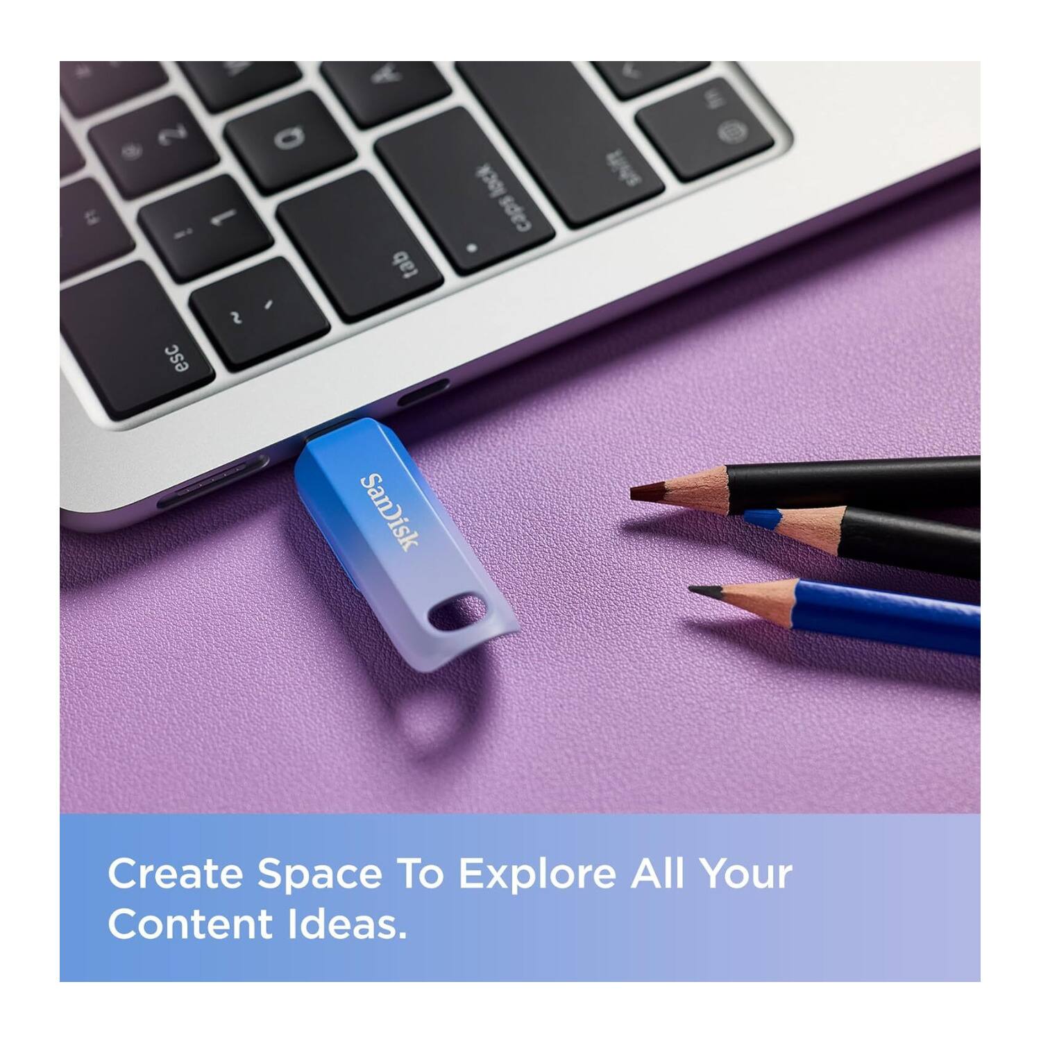 2 1 i ~ esc Q - tab lock caps shift SanDisk Create Space To Explore All Your Content Ideas.