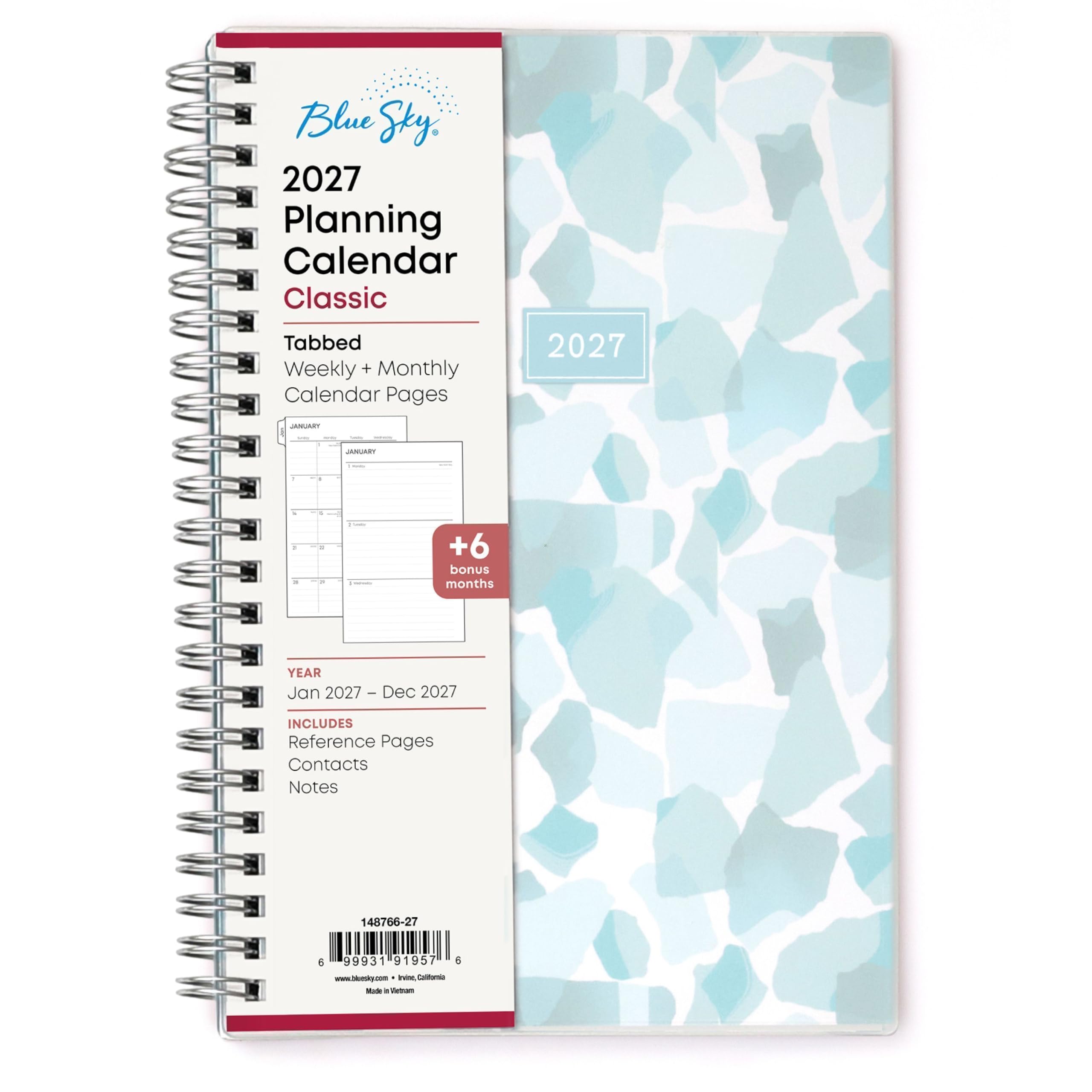 Blue Sky, 2027 Planning Calendar Classic  
Tabbed Weekly + Monthly Calendar Pages  
2027  
TRAUWAL  
JANUARY  
11 nexas  
+6 bonus months  
YEAR Jan 2027 - Dec 2027  
INCLUDES Reference Pages Contacts Notes  
148766-27  
6 99931 91957 6 www.bluesky.com rvint California Made If Vintram