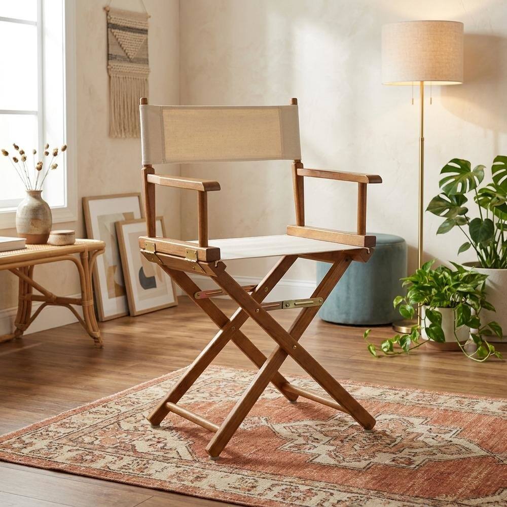 Alt View 3. FurniFact - Beige Director's Chair - Honey Oak Frame/Natural/Wheat Canvas.