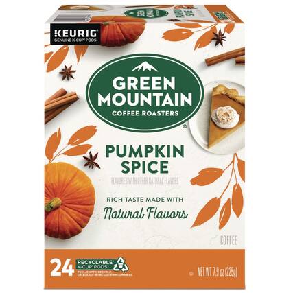 KEURIG GENUINE K-CUP PODS
GREEN MOUNTAIN COFFEE ROASTERS
PUMPKIN SPICE
FLAVORED WITH OTHER NATURAL FLAVORS
RICH TASTE MADE WITH Natural Flavors
24 K-CUP PODS
RECYCLABLE
PEEL, EMPTY, RECYCLE
CHECK LOCALLY - NOT RECYCLED IN MANY COMMUNITIES
NET WT 7.9 OZ (225g)