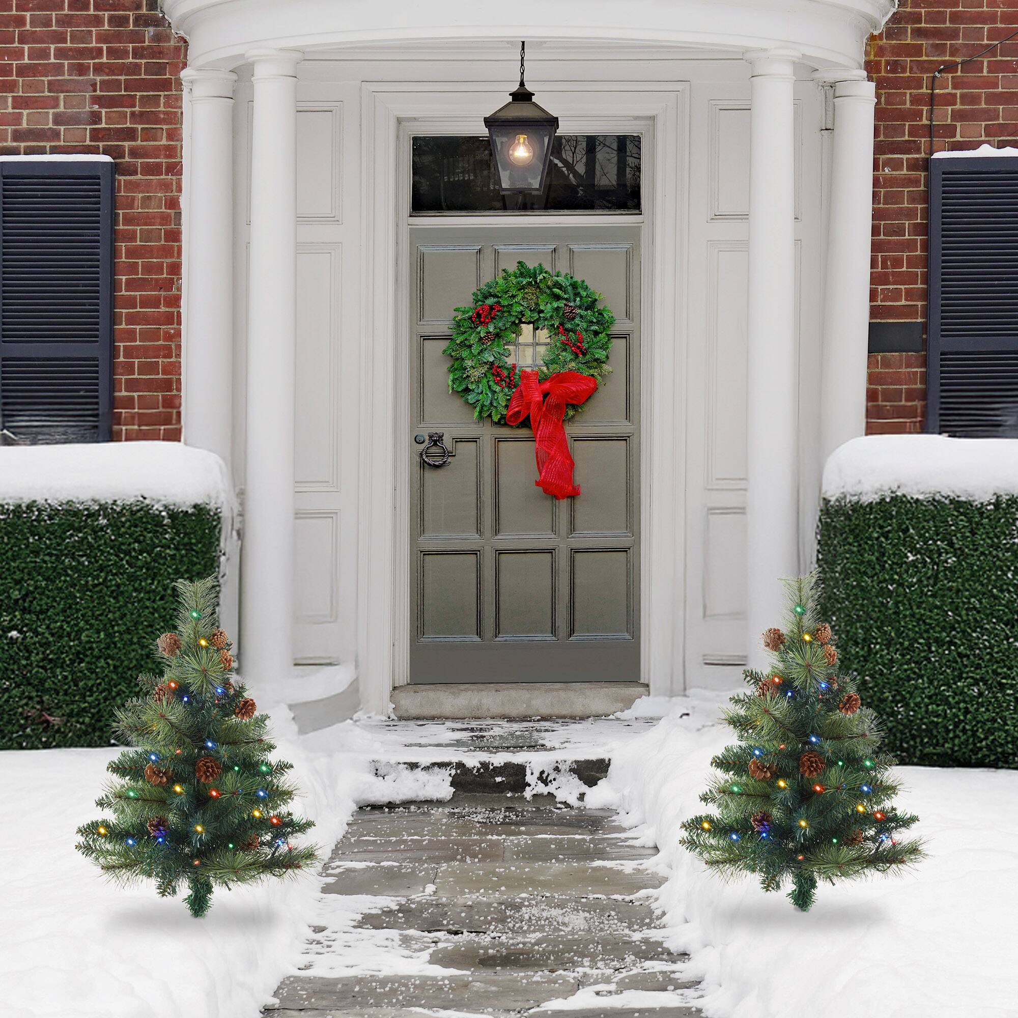 Alt View 1. Casafield - 2 - 24in Outdoor Pathway Christmas Trees with LED Lights - Green.