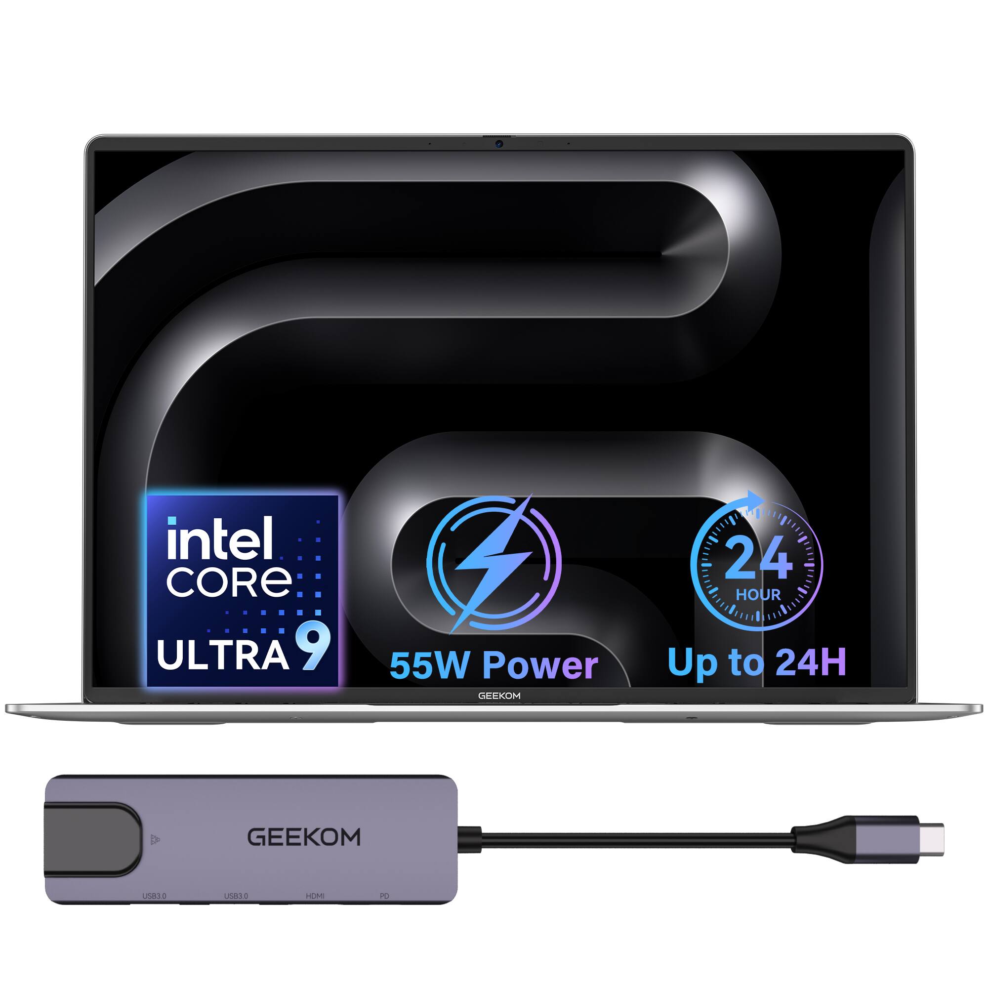 intel CORE ULTRA 9  
55W Power  
Up to 24H  
GEEKOM  
USB3.0  
PD
