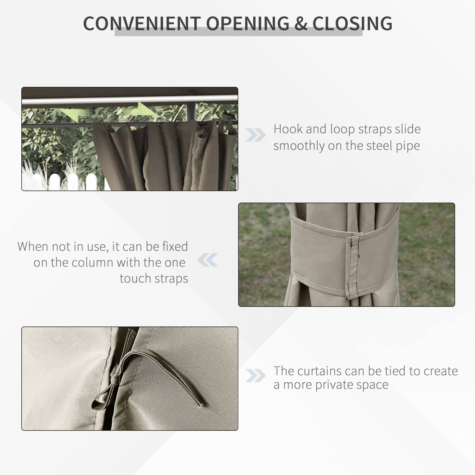 CONVENIENT OPENING & CLOSING

Hook and loop straps slide smoothly on the steel pipe

When not in use, it can be fixed on the column with the one touch straps

The curtains can be tied to create a more private space