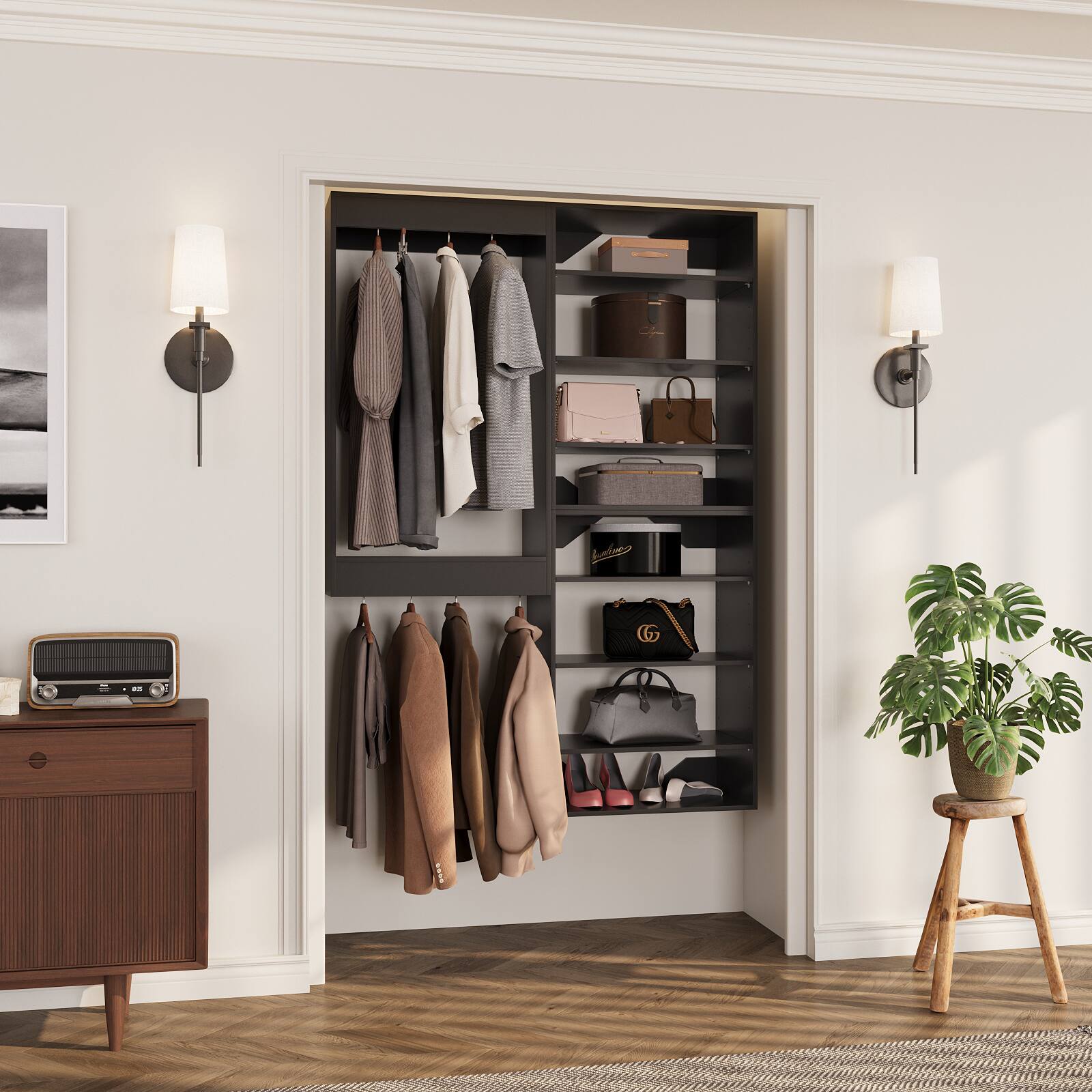 Angle. Roomtec - Roomtec 46 in Black Modular Closet System Unit-Customizable Wall Mounted Walk-In Closets for Bedroom or Walk-in Closet - Black.