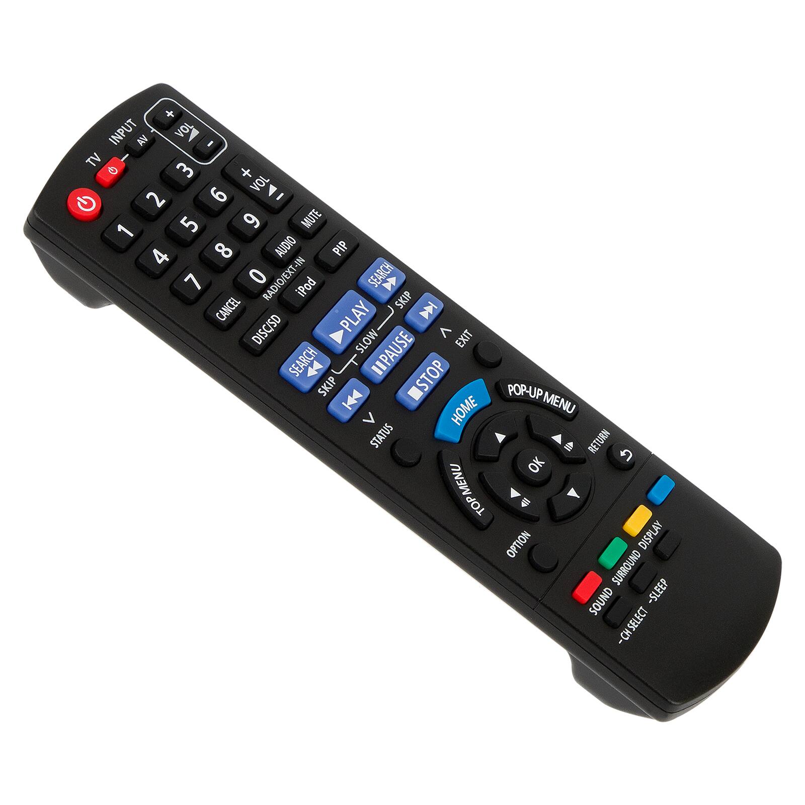 Sure, here is the corrected and grouped text from the image:

**Top Row:**
- TV
- INPUT
- AV
- VOL +
- VOL -
- MUTE
- AUDIO
- PIP
- RADIO/EXT-IN
- iPod
- SEARCH
- CANCEL
- SKIP
- DISC/SD
- PLAY
- SLOW
- EXIT
- SEARCH
- V LT
- IPAUSE
- STOP
- SKIP
- POP-UP
- HOME
- MENU
- STATUS
- RETURN
- OK
- TOPMENU
- 4
- OPTION
- DISPLAY
- SURROUND SOUND
- -SLEEP
- -CH SELECT
- -CH

**Middle Row:**
- 1
- 2
- 3
- 4
- 5
- 6
- 7
- 8
- 9
- 0

**Bottom Row:**
- POP-UP MENU
- HOME
- MENU
- RETURN
- OK
- TOPMENU
- OPTION
- DISPLAY
- SURROUND SOUND
- -SLEEP
- -CH SELECT
- -CH