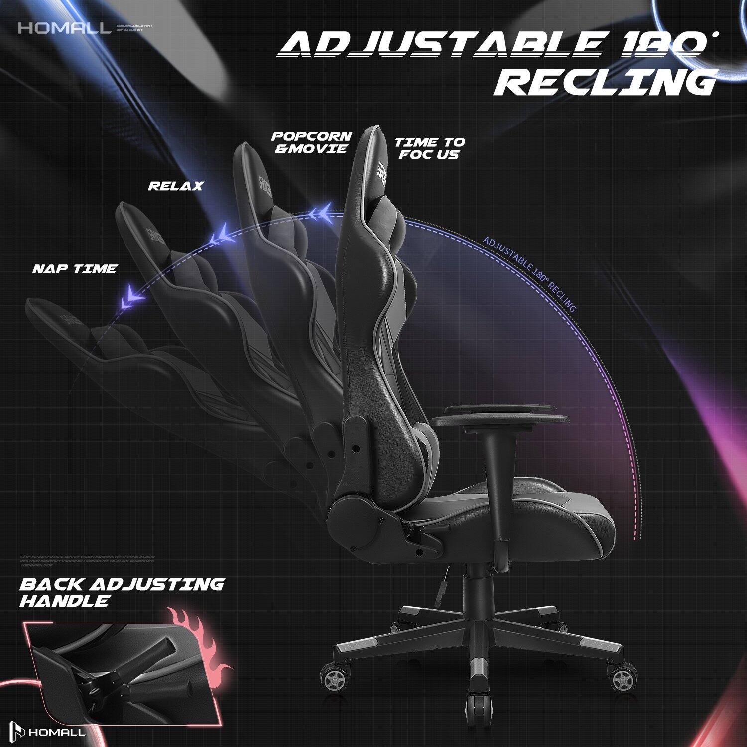 HOMALL

ADJUSTABLE 180° RECLING

POP CORN & MOVIE
RELAX
NAP TIME
TIME TO FOCUS

BACK ADJUSTING HANDLE