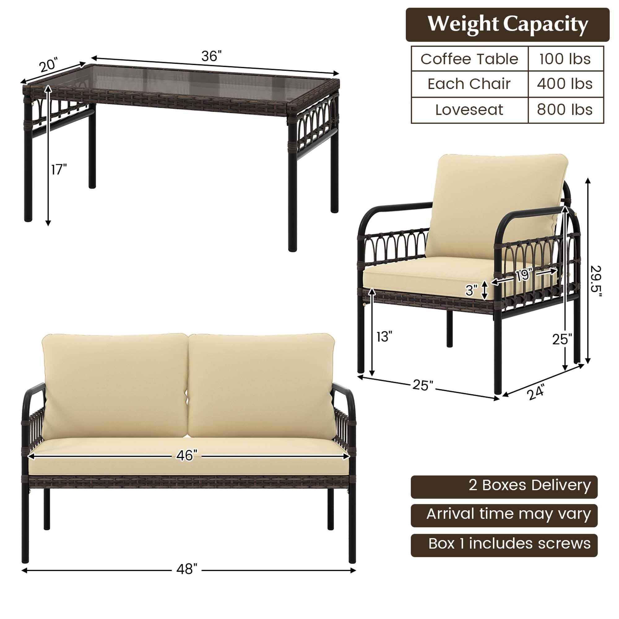 - **Coffee Table:**
  - Dimensions: 36" L x 20" W x 17" H
  - Weight Capacity: 100 lbs

- **Each Chair:**
  - Dimensions: 29.5" W x 13" D x 25" H
  - Weight Capacity: 400 lbs

- **Loveseat:**
  - Dimensions: 48" L x 25" W x 24" H
  - Weight Capacity: 800 lbs

- **Delivery:**
  - 2 Boxes Delivery
  - Arrival time may vary
  - Box 1 includes screws