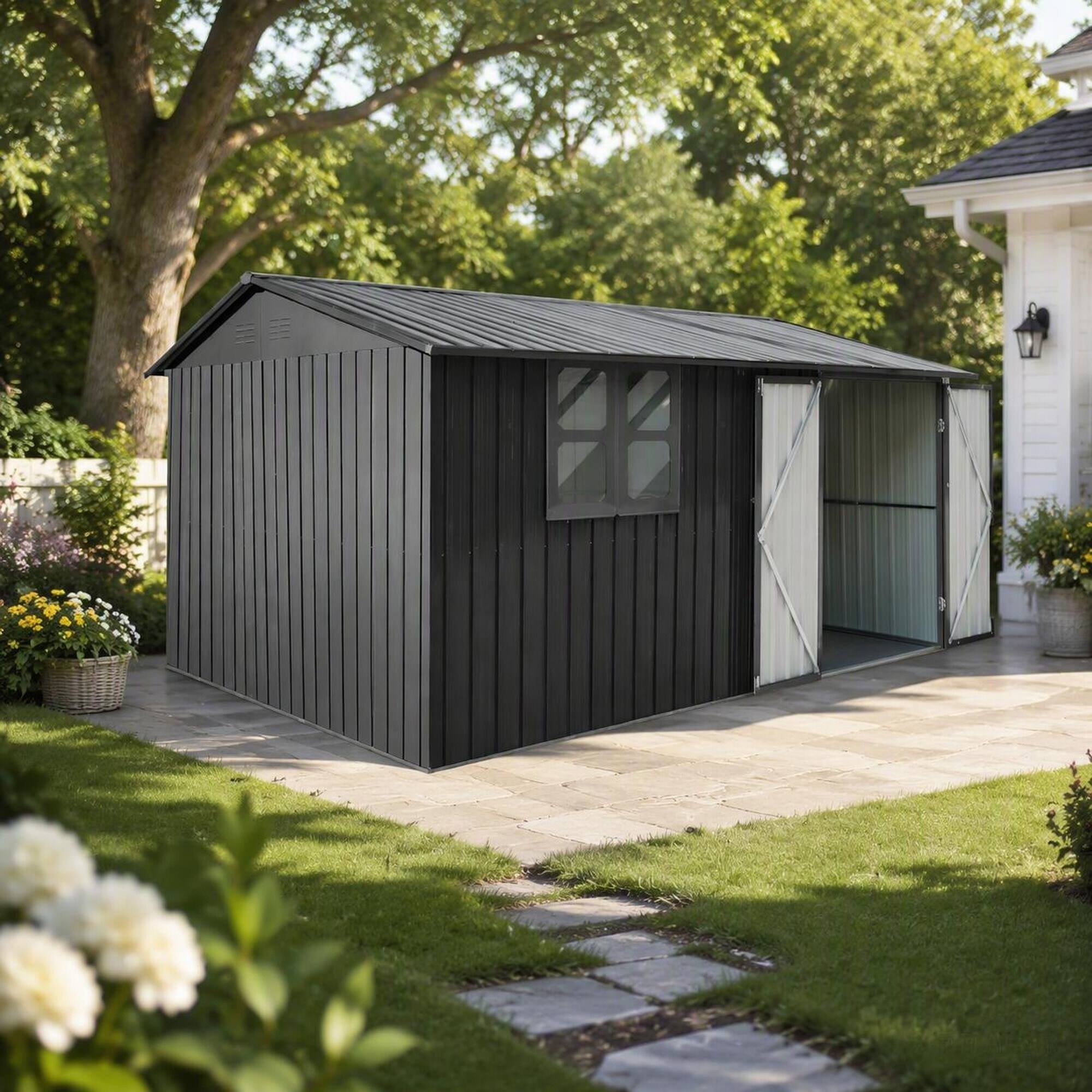 Back. RYHNUYNE - 12x10 Ft Grey Metal Shed Window Shelves Worktable Hinged Door Padlock Garden Yard - Grey.