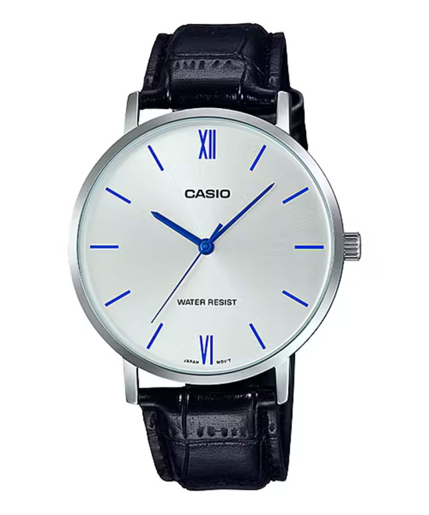 Casio- Men’s Silver Analog Watch with Blue Accents and Leather Strap- MTP-VT01L-7B1- Black