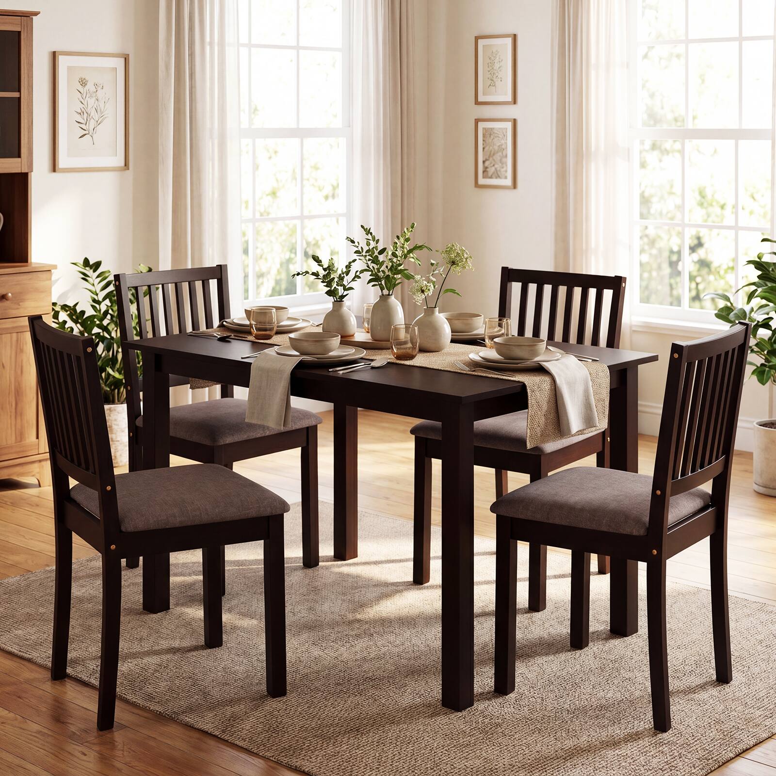 Alt View 1. Gymax - Gymax 5-Piece Dining Table Set Rectangular Kitchen Table w/ Upholstered Chairs - Brown.