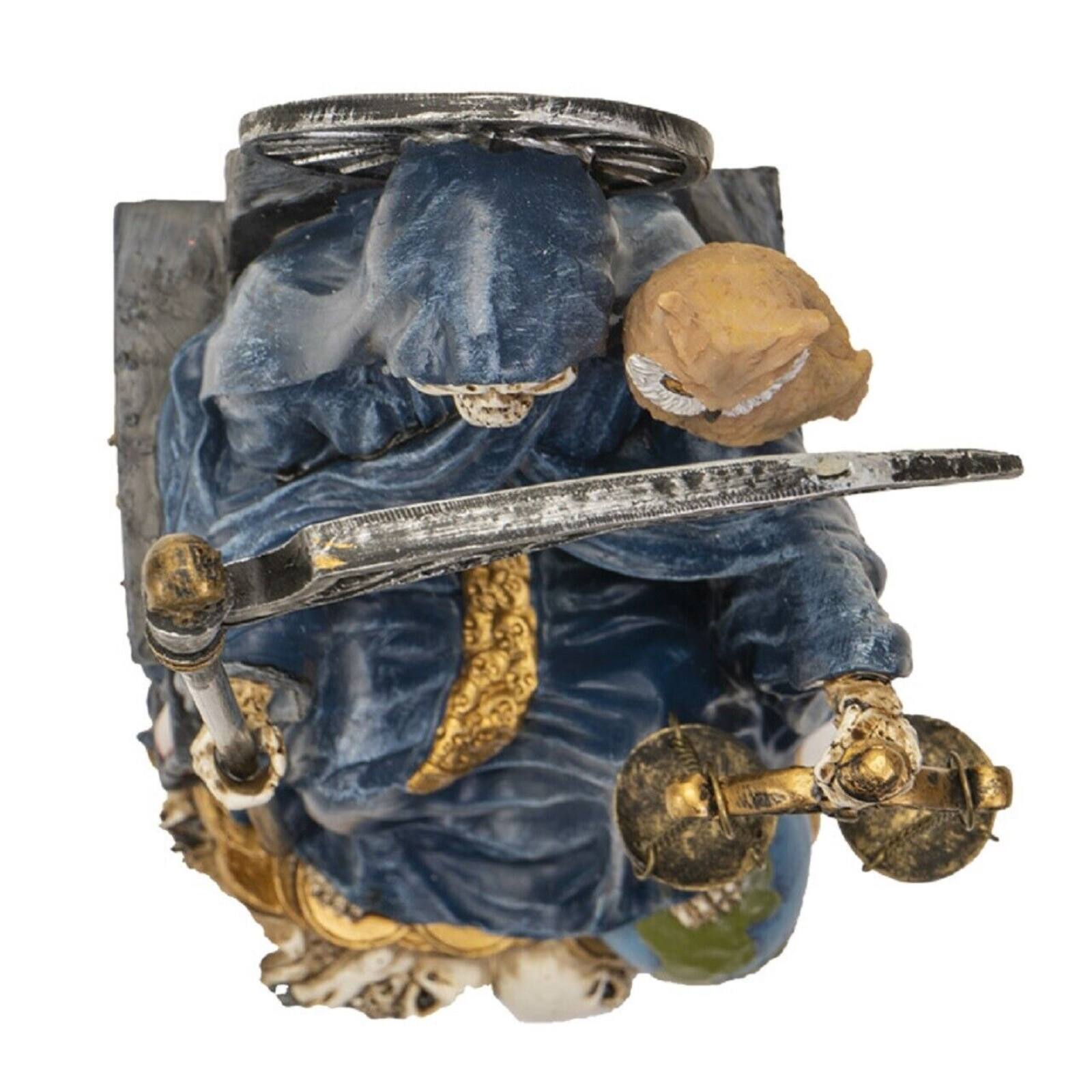 Left. Pacific Trading - Sitting Santa Muerte in Blue Gown with Owl and Scale Figurine Death 9 Inch.