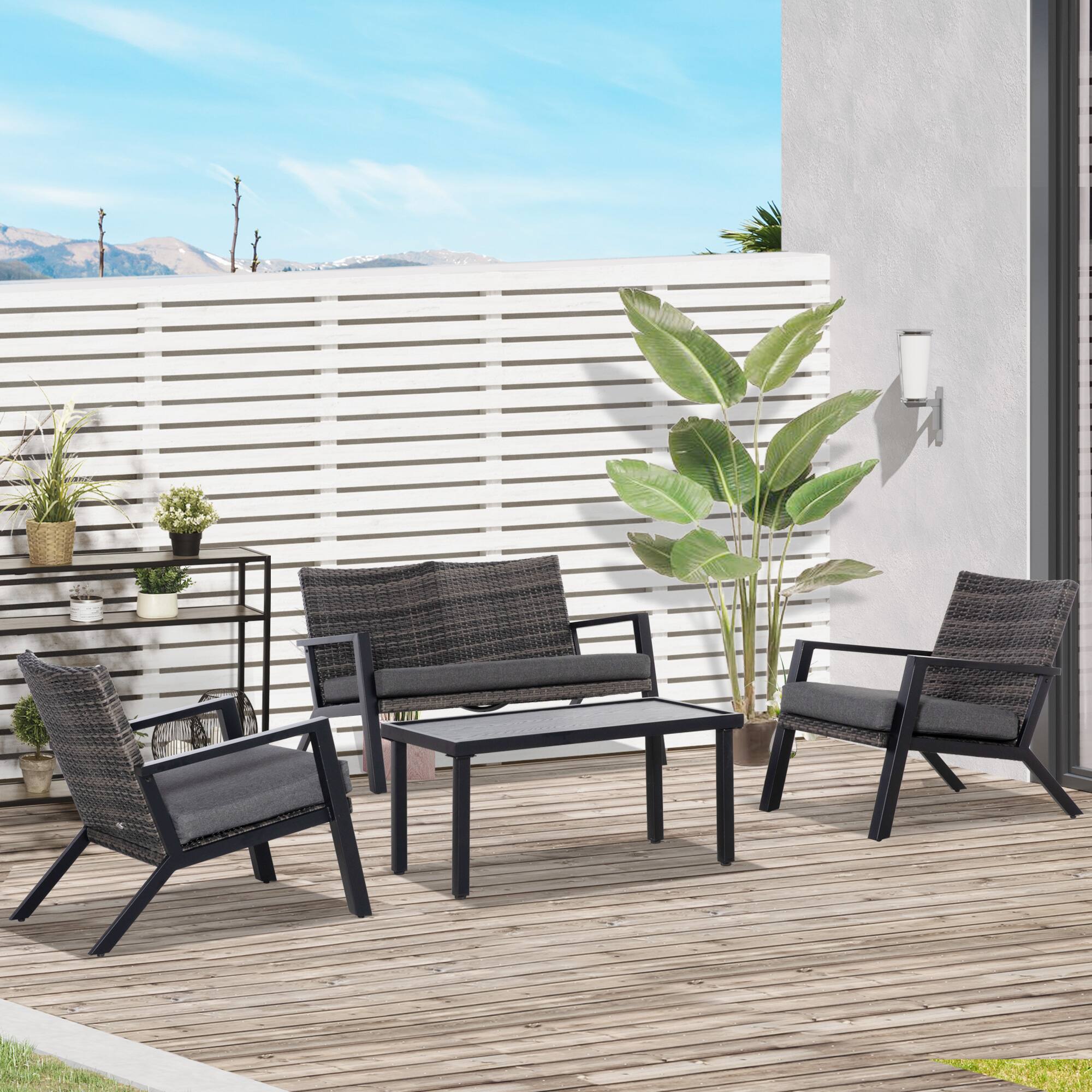 Alt View 1. Outsunny - Piece Patio Furniture Set, 2 PE Wicker Chairs, Loveseat Sofa, Outdoor Coffee Table - Black, Grey.