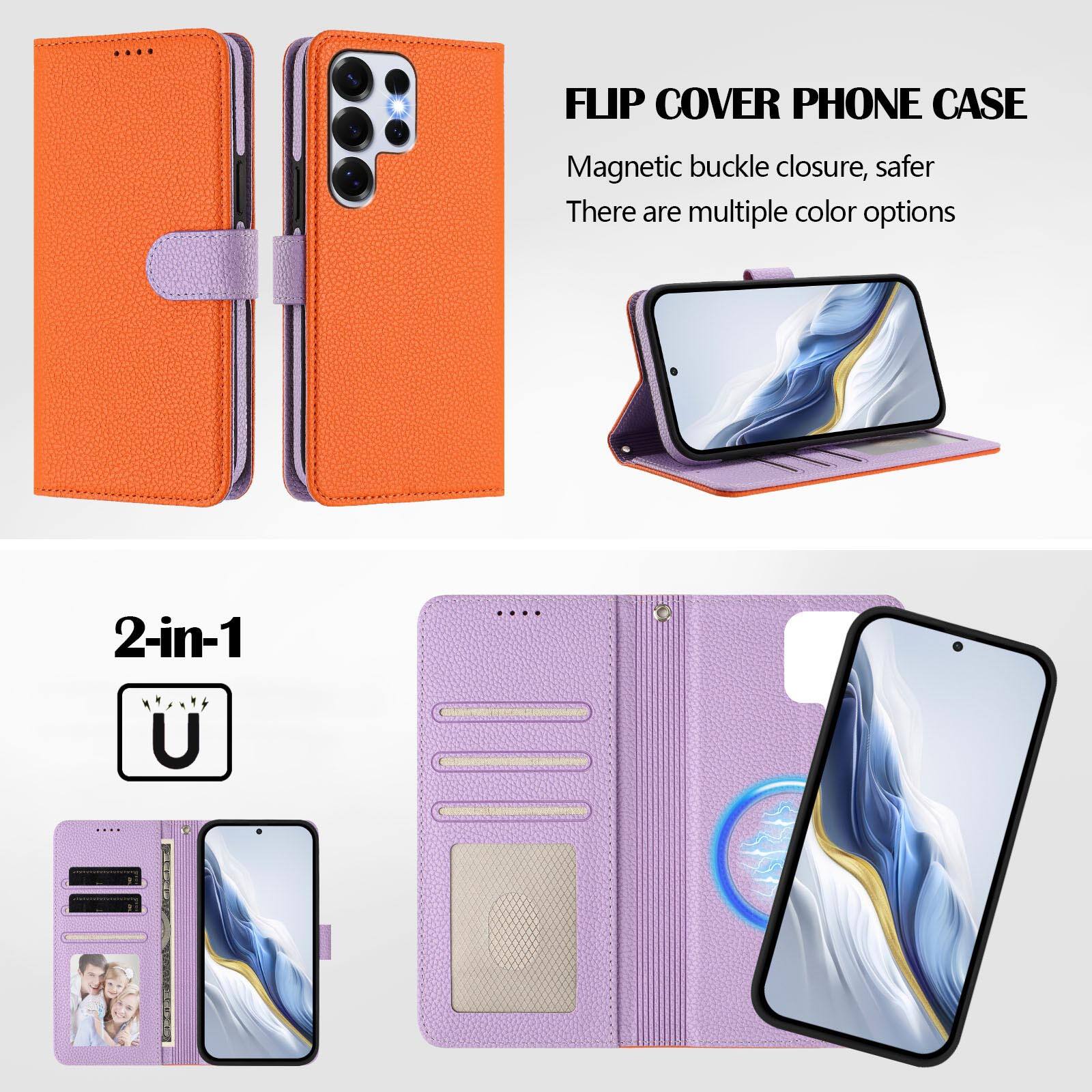 FLIP COVER PHONE CASE  
Magnetic buckle closure, safer  
There are multiple color options  

2-in-1