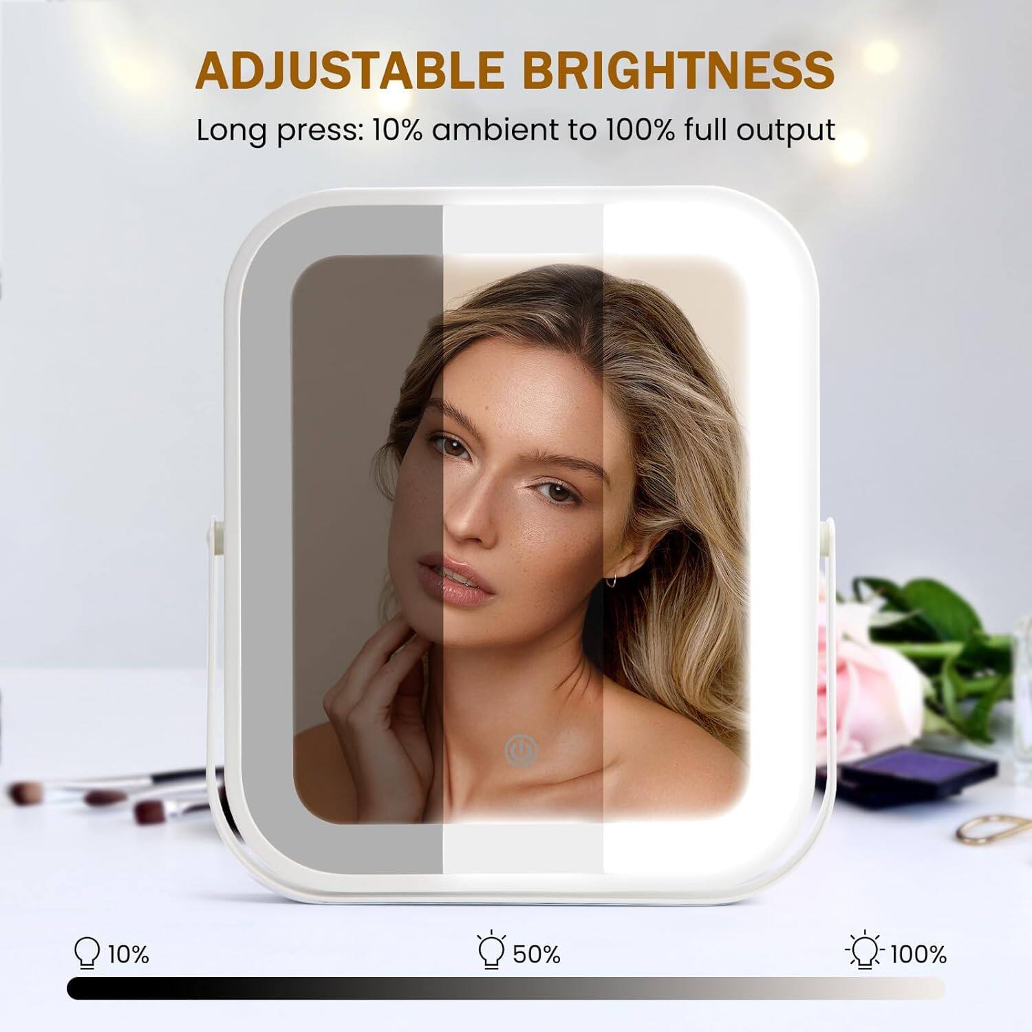 ADJUSTABLE BRIGHTNESS  
Long press: 10% ambient to 100% full output  

10%  
50%  
100%