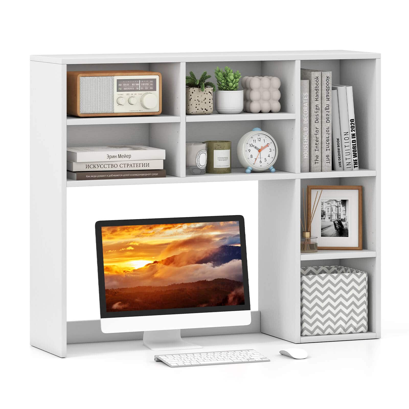 Costway - Desktop Bookshelf with 7 Open Cubbies & 3 Adjustable Shelves for Home Office Dorm - White