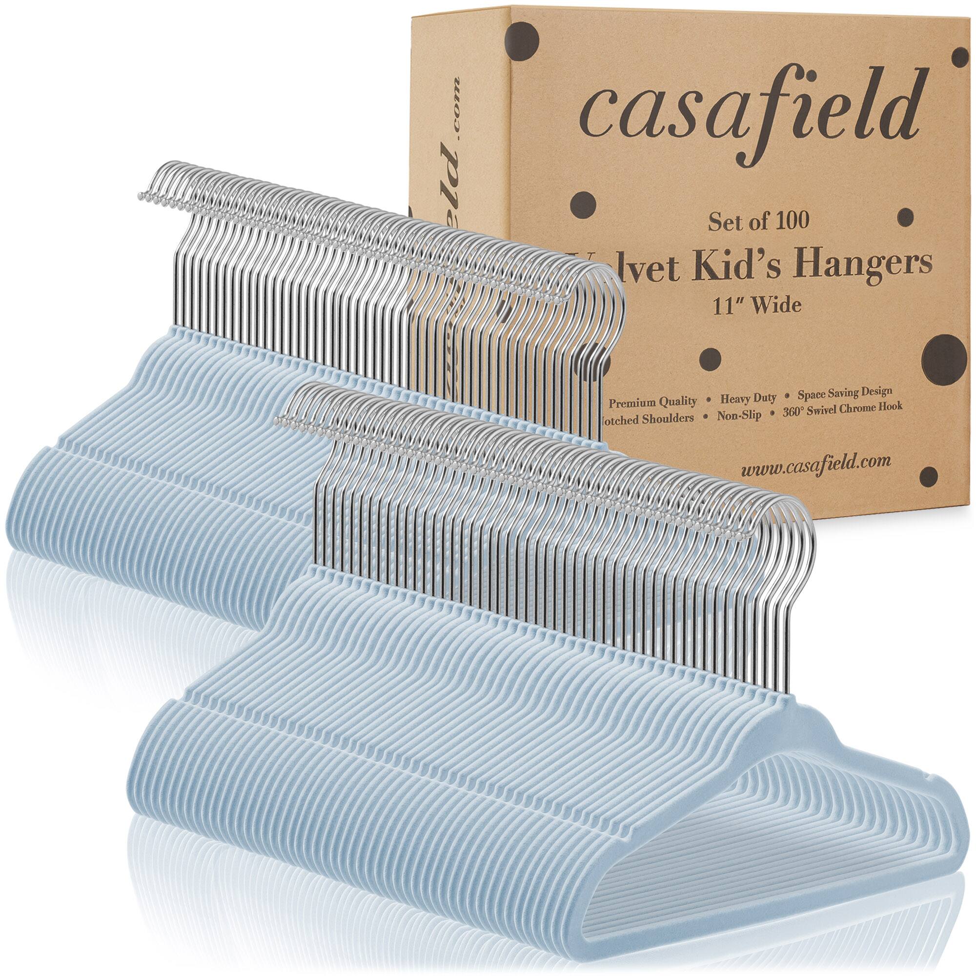 casafield Set of 100 Ivet Kid's Hangers 11" Wide Space Saving Design Premium Quality Heavy Duty Swivel Chrome Hook Non-Slip 360° Swivel Shoulders www.casafield.com