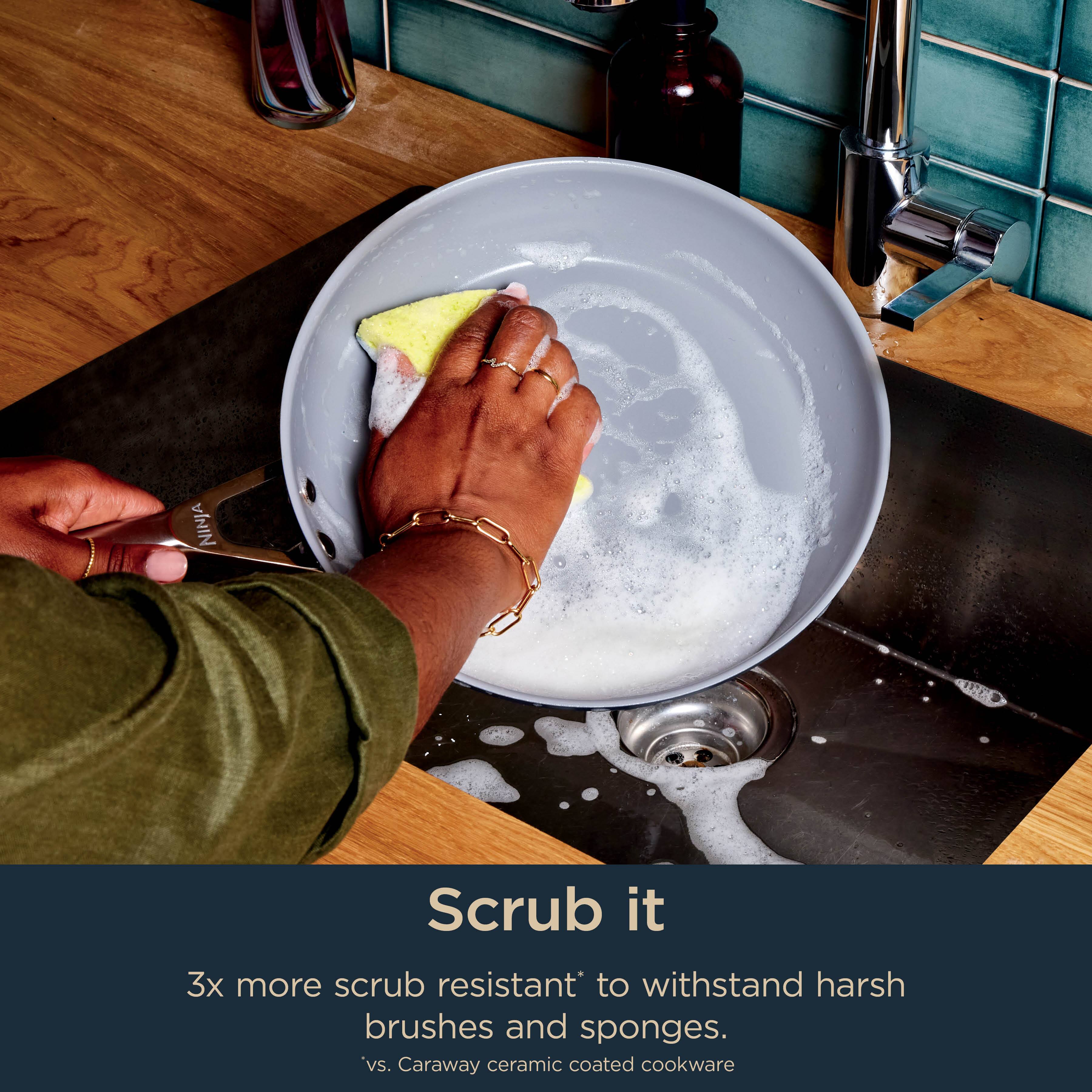 Scrub it

3x more scrub resistant* to withstand harsh brushes and sponges.
*vs. Caraway ceramic coated cookware